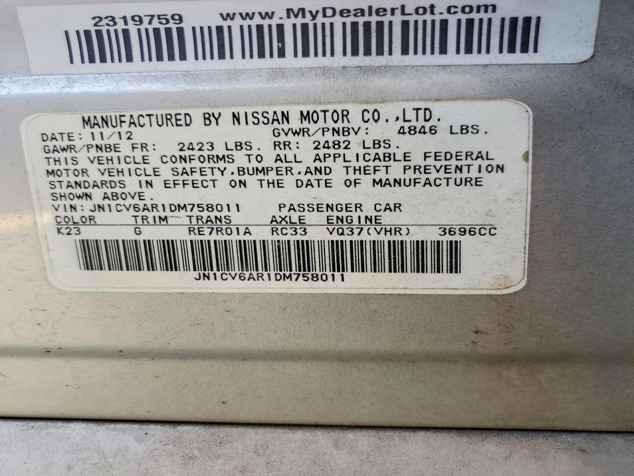 2013 Infiniti G37 Sedan X Silver vin: JN1CV6AR1DM758011