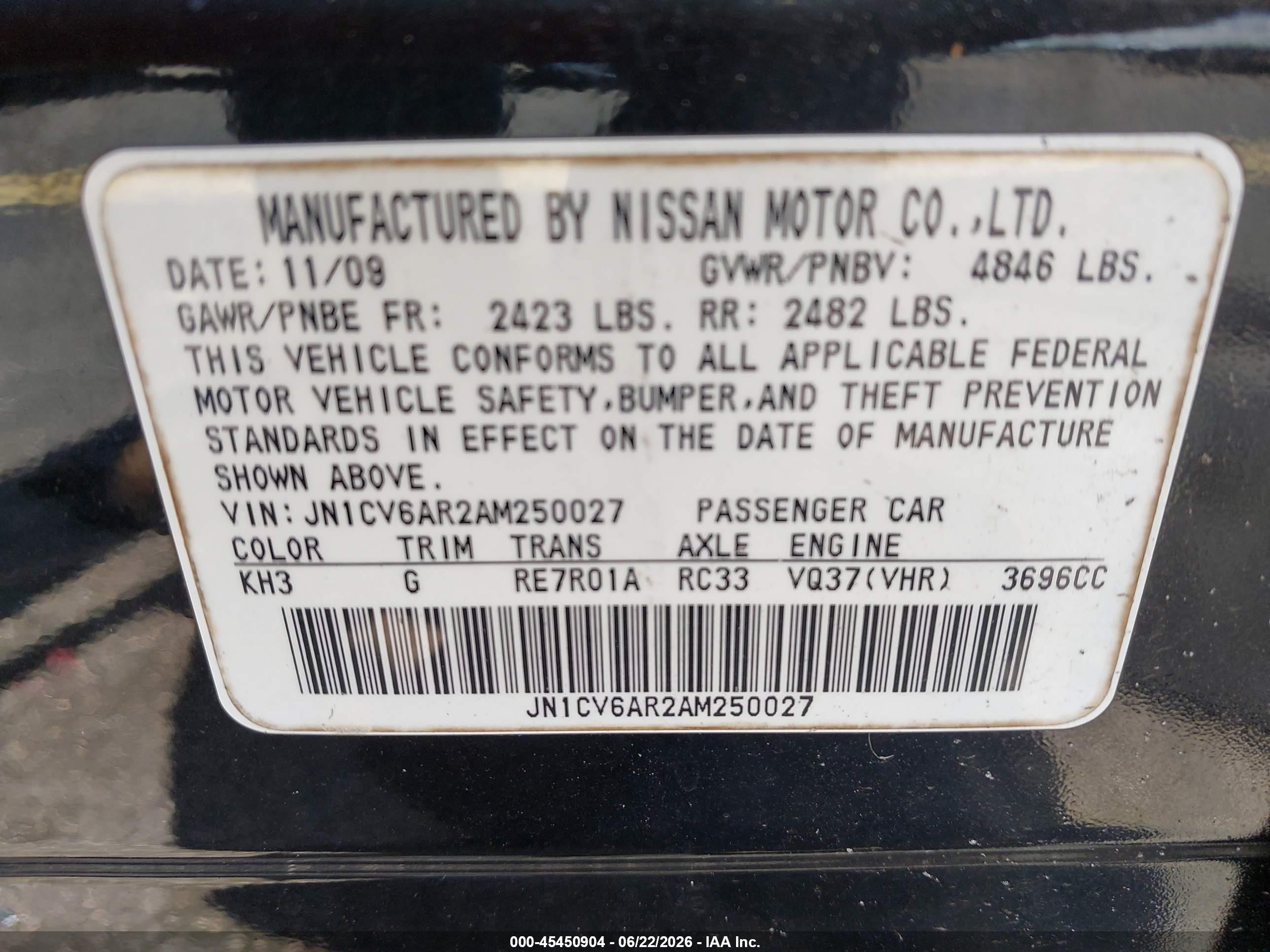 2010 Infiniti G37x   Black vin: JN1CV6AR2AM250027
