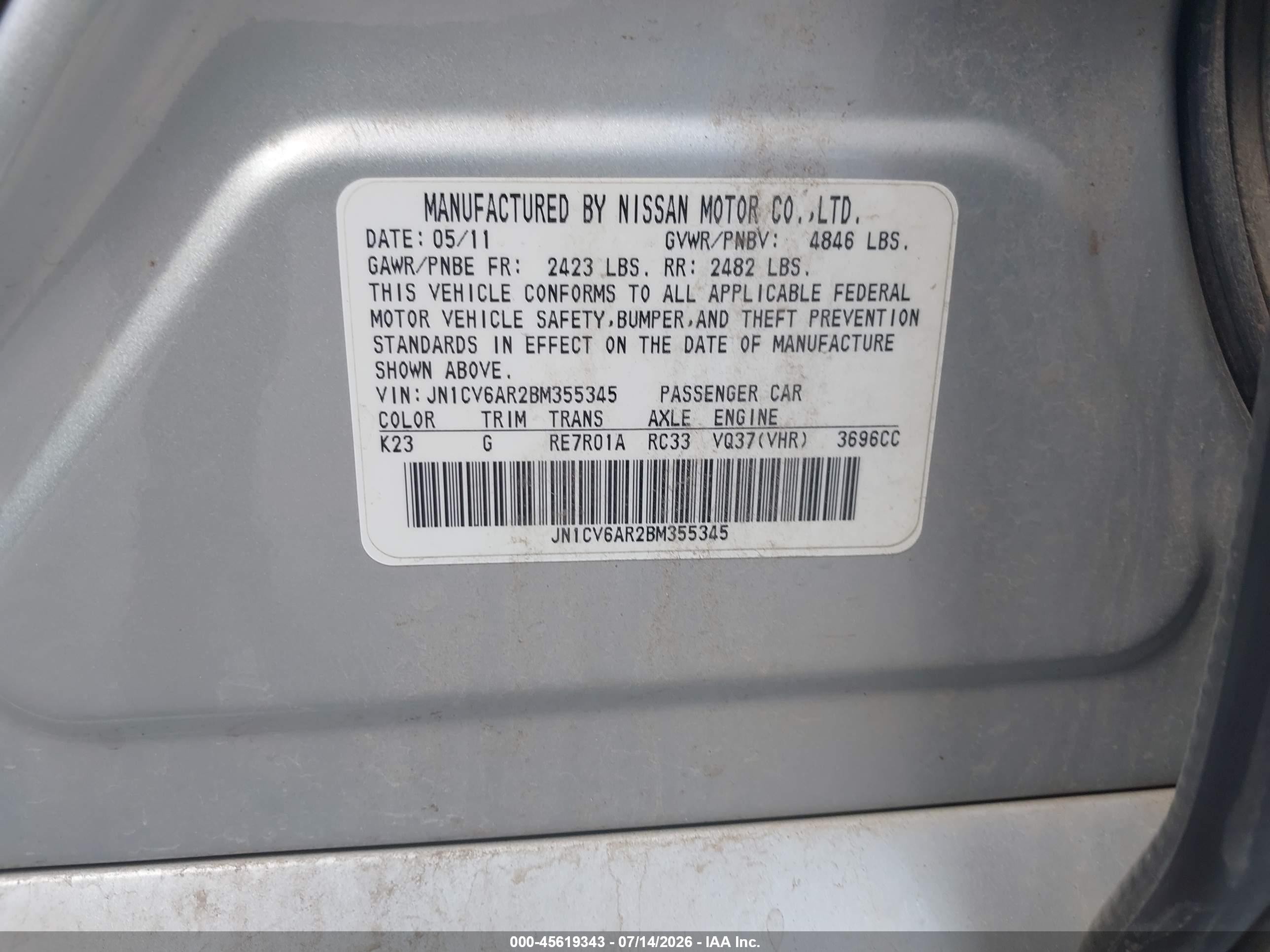 2011 Infiniti G37x   Silver vin: JN1CV6AR2BM355345