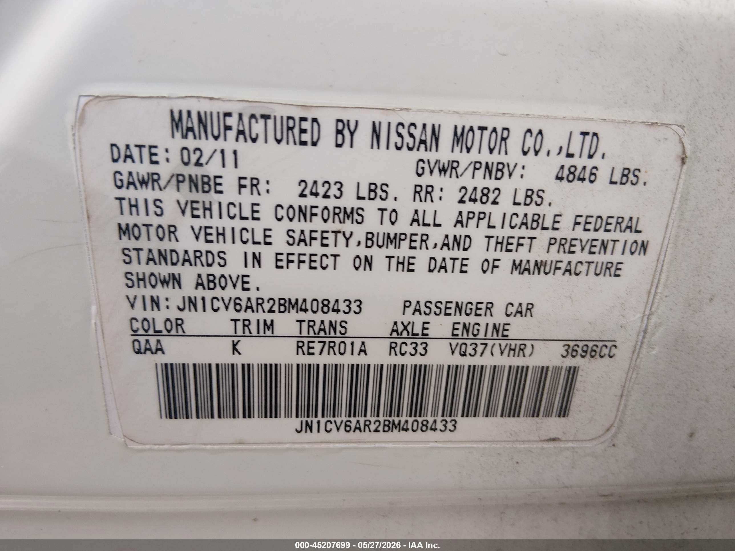 2011 Infiniti G37x   White vin: JN1CV6AR2BM408433