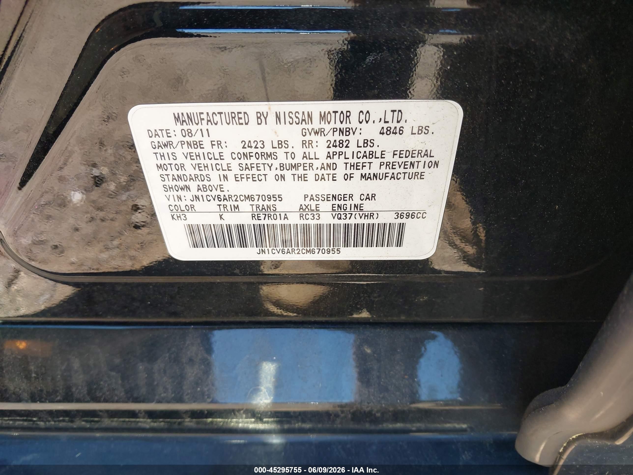 2012 Infiniti G37x   Black vin: JN1CV6AR2CM670955