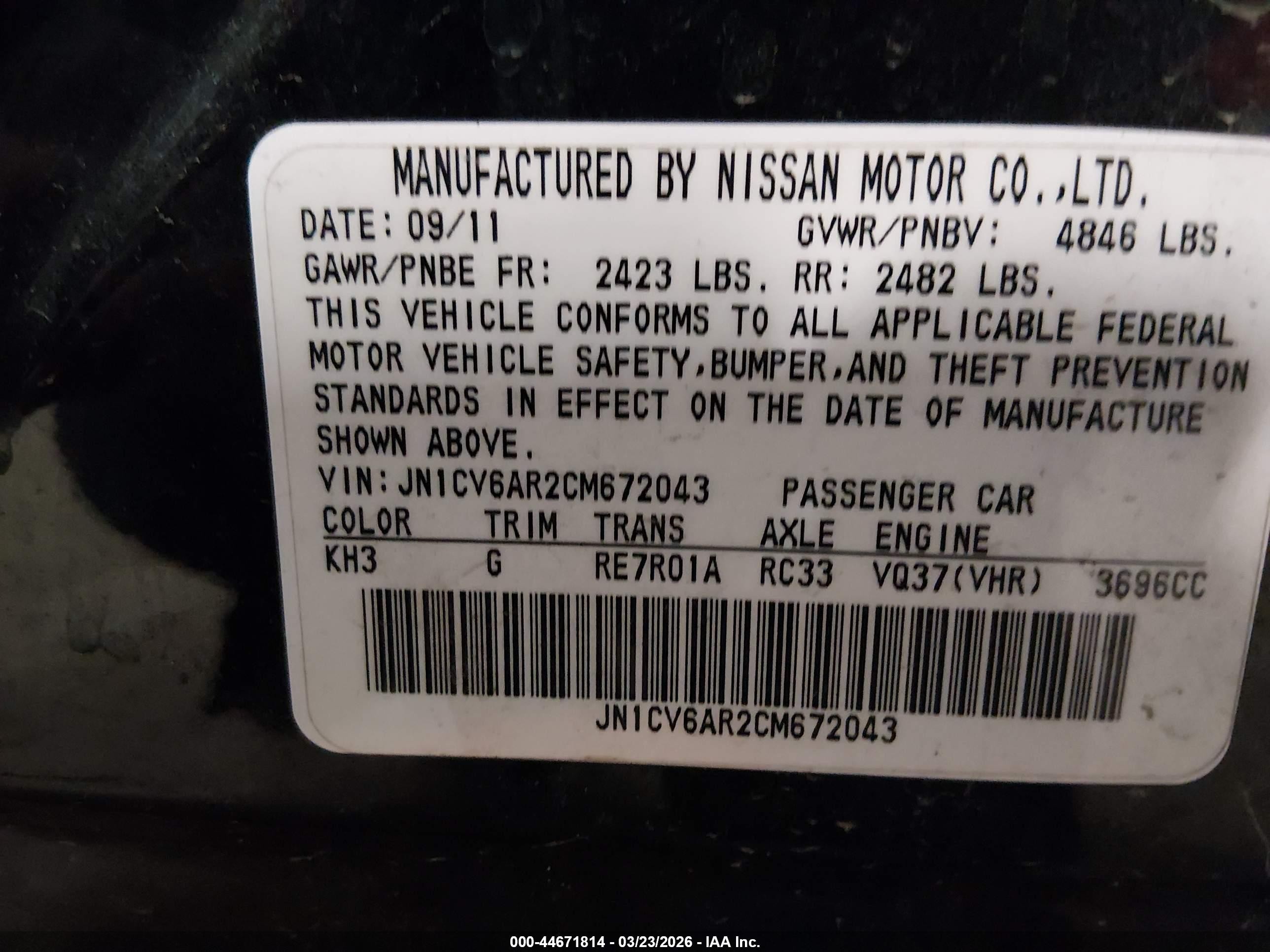 2012 Infiniti G37x   Black vin: JN1CV6AR2CM672043