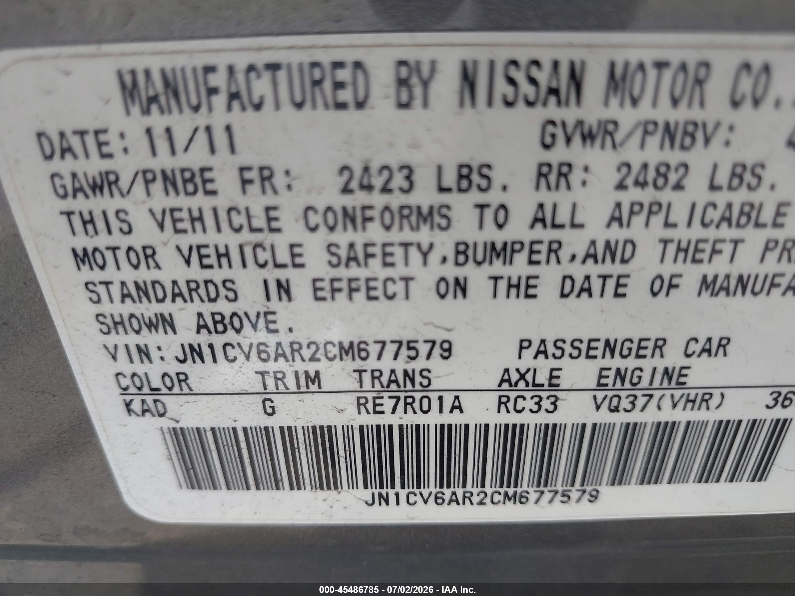 2012 Infiniti G37x Gray vin: JN1CV6AR2CM677579