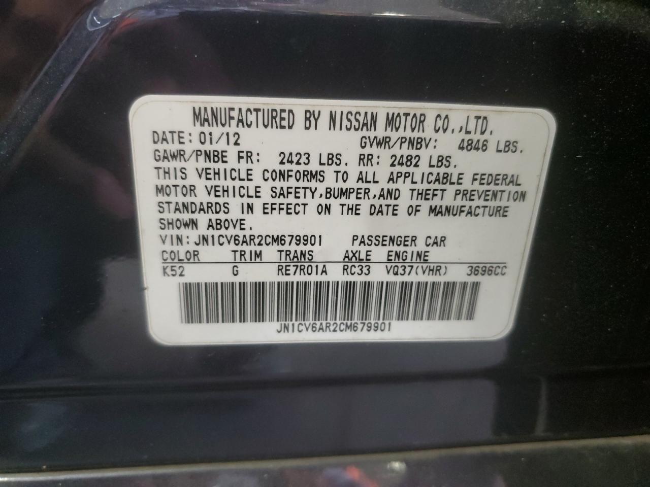 2012 Infiniti G37 Charcoal vin: JN1CV6AR2CM679901