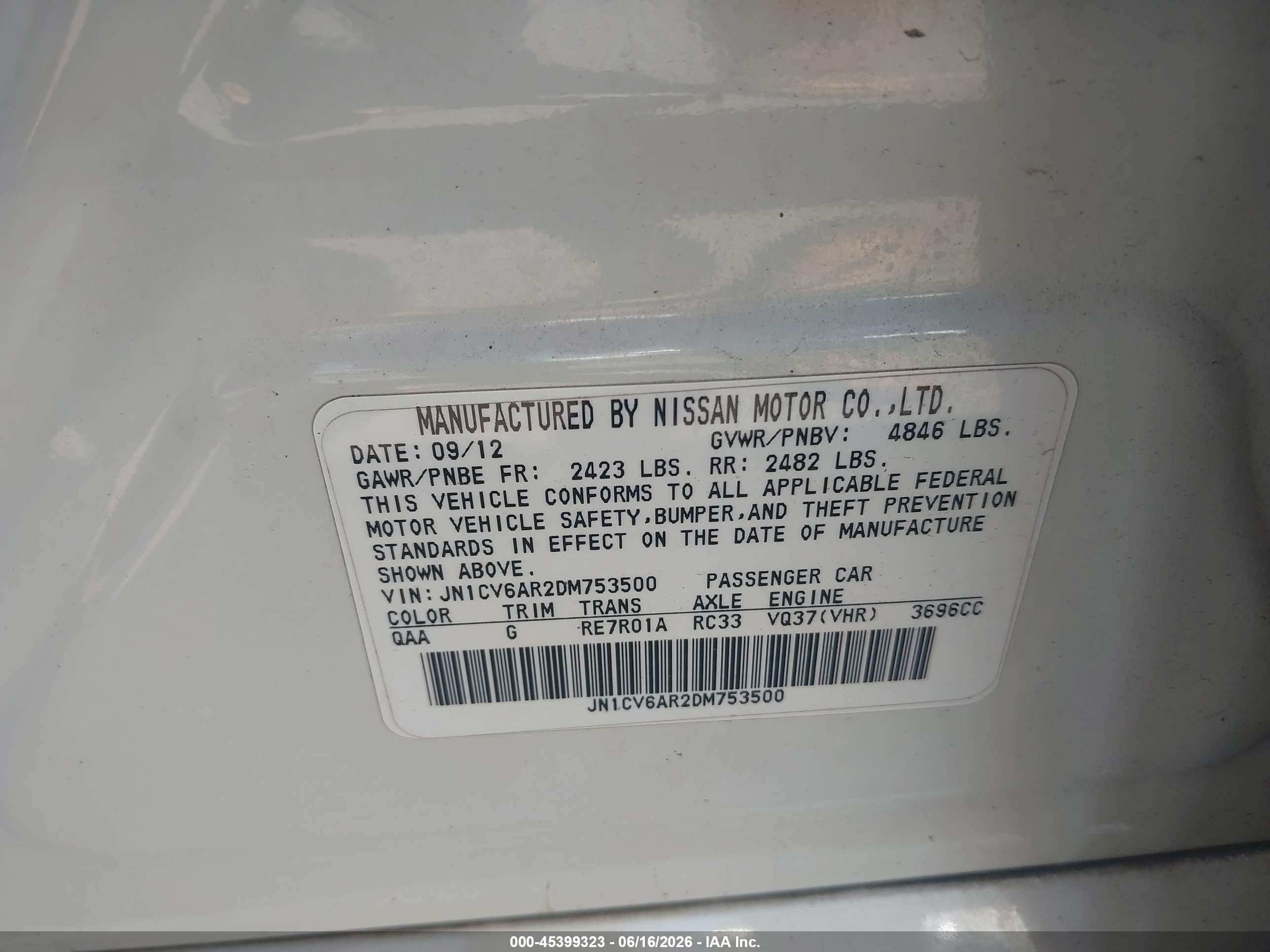 2013 Infiniti G37x   White vin: JN1CV6AR2DM753500