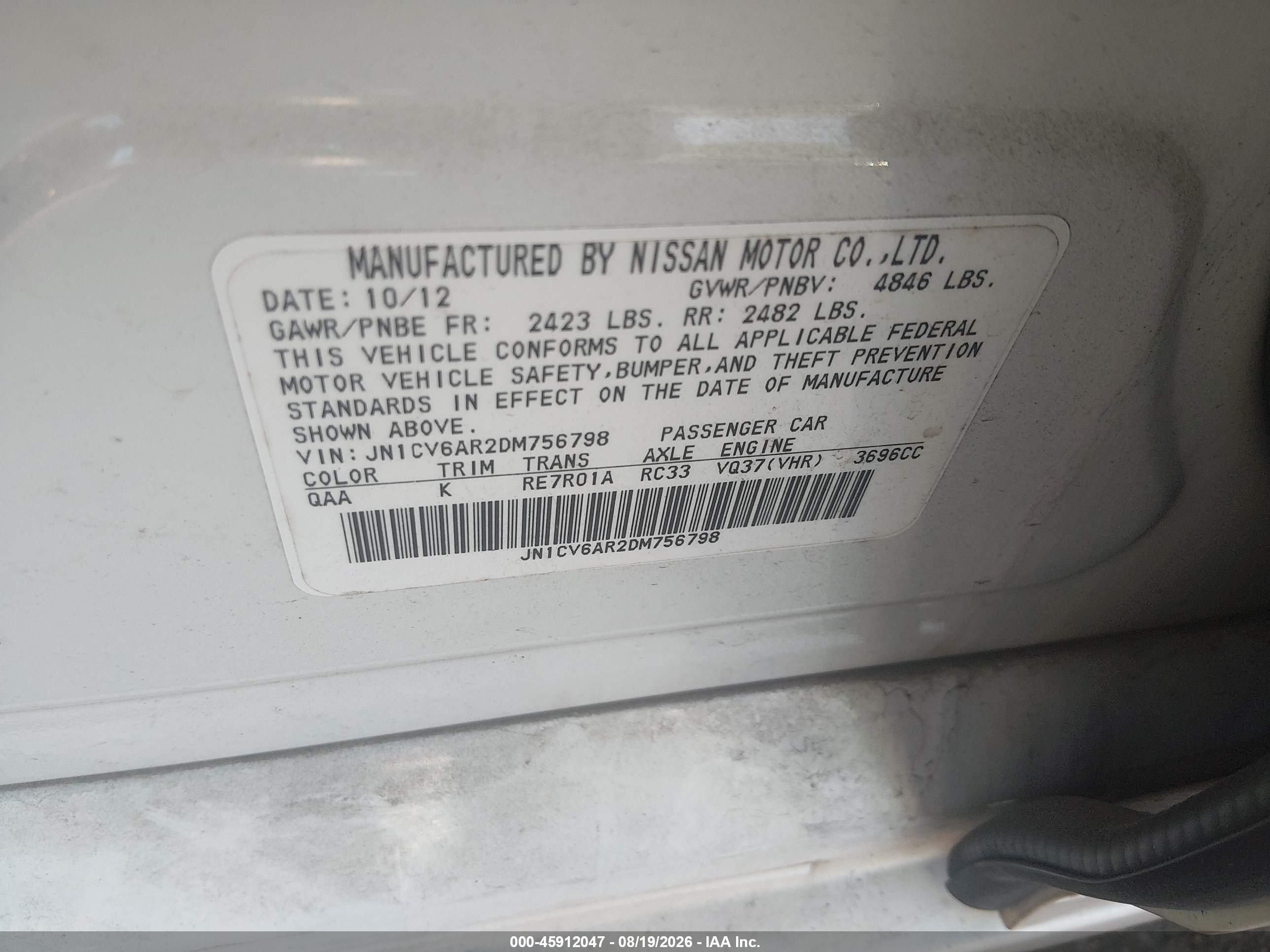 2013 Infiniti G37x White vin: JN1CV6AR2DM756798