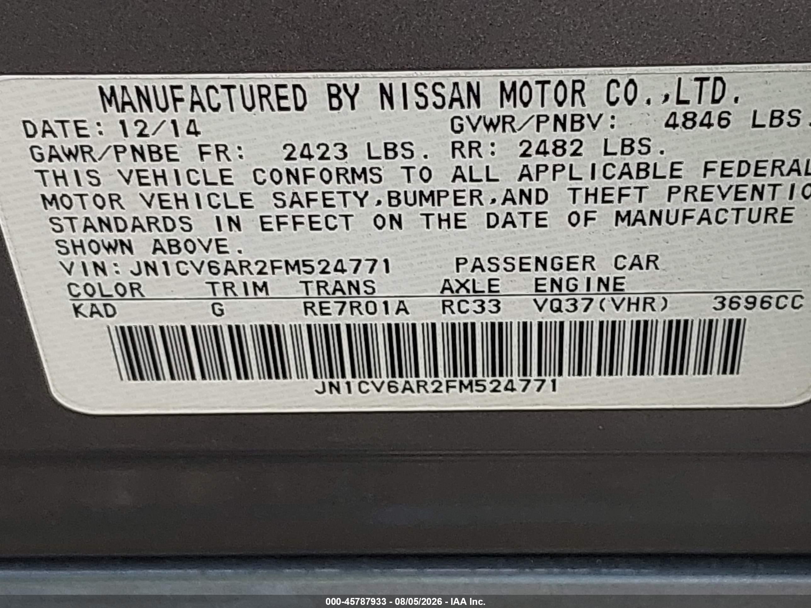 2015 Infiniti Q40 Gray vin: JN1CV6AR2FM524771