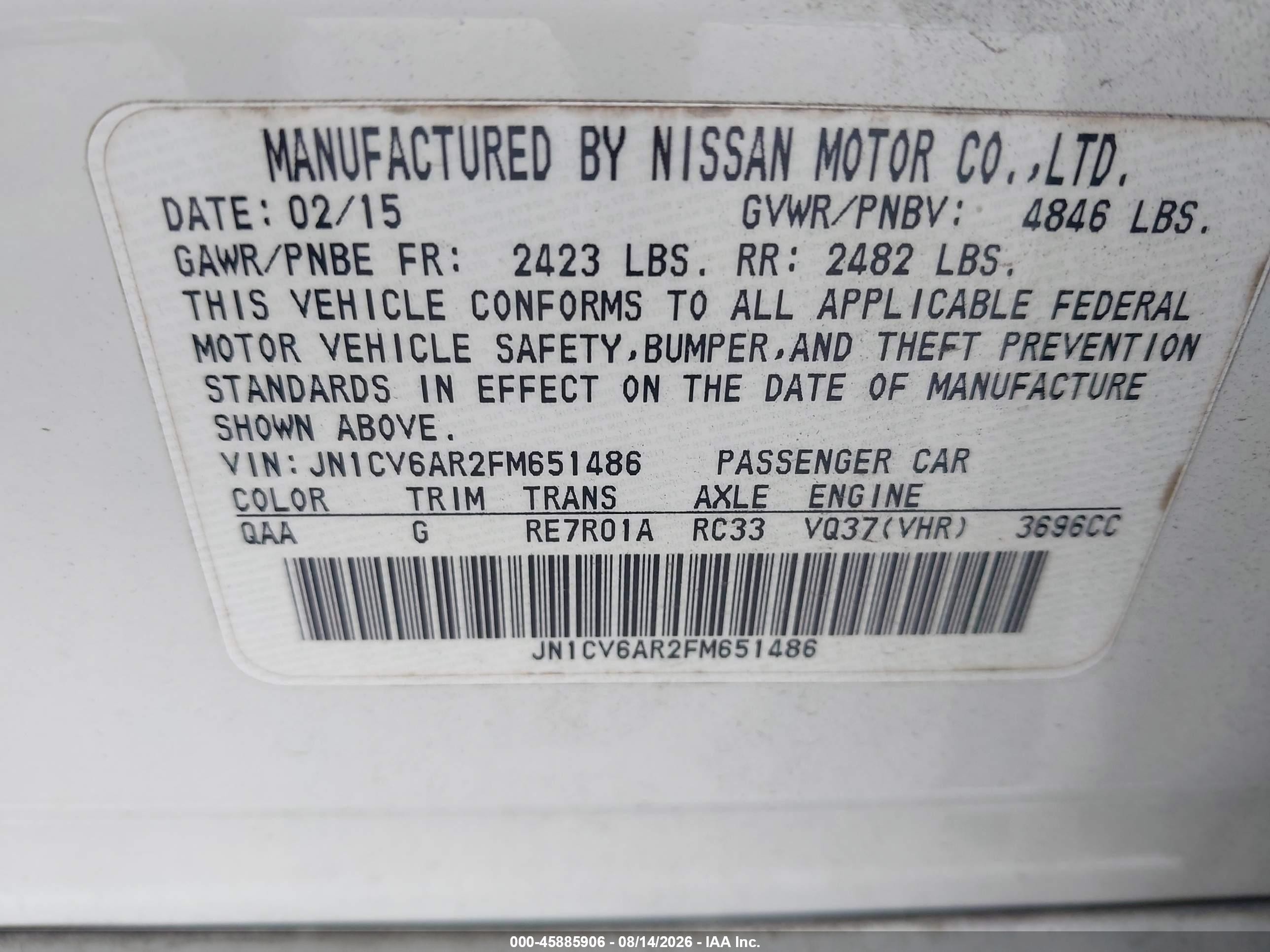 2015 Infiniti Q40   White vin: JN1CV6AR2FM651486