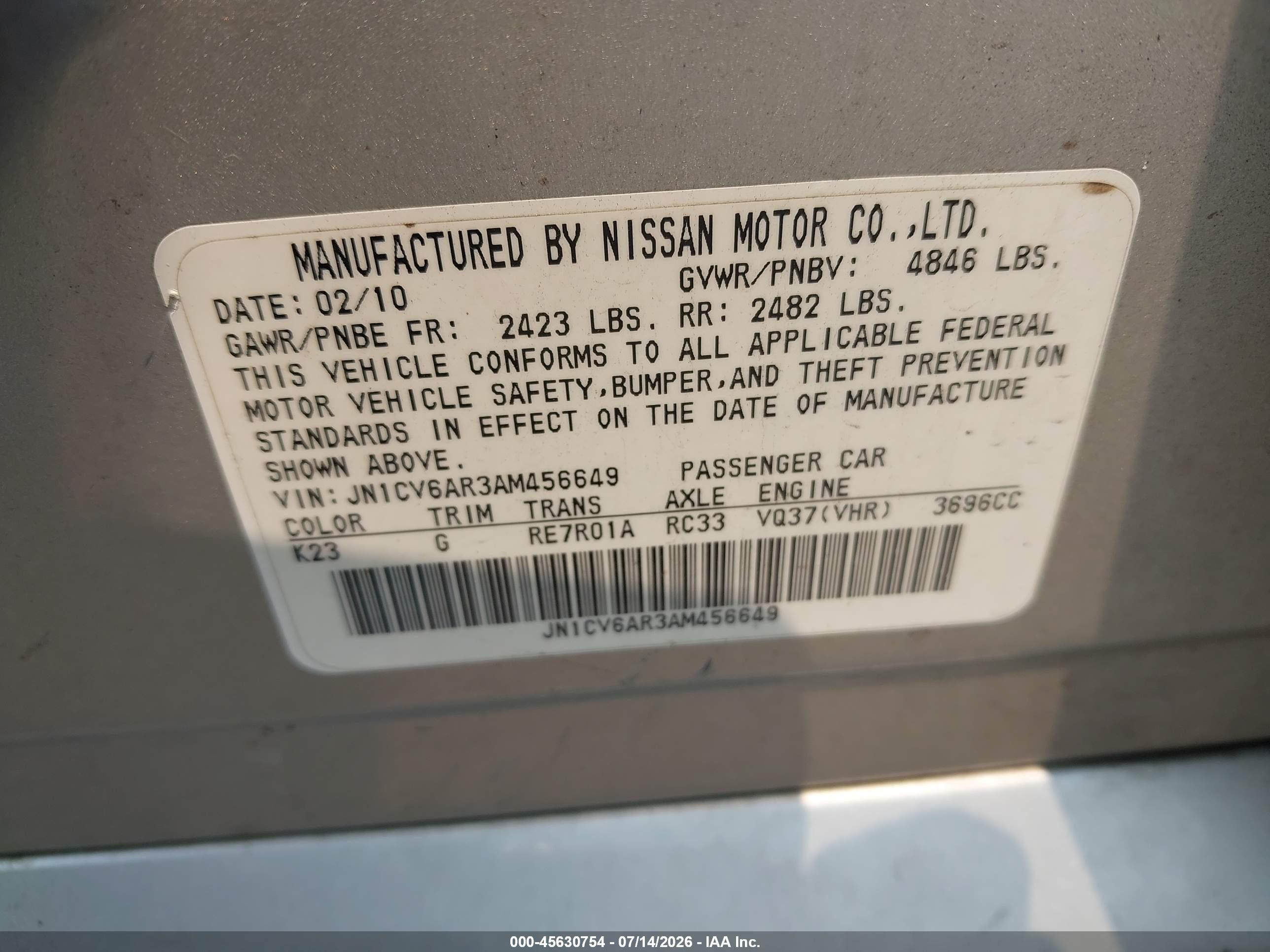 2010 Infiniti G37x   Silver vin: JN1CV6AR3AM456649