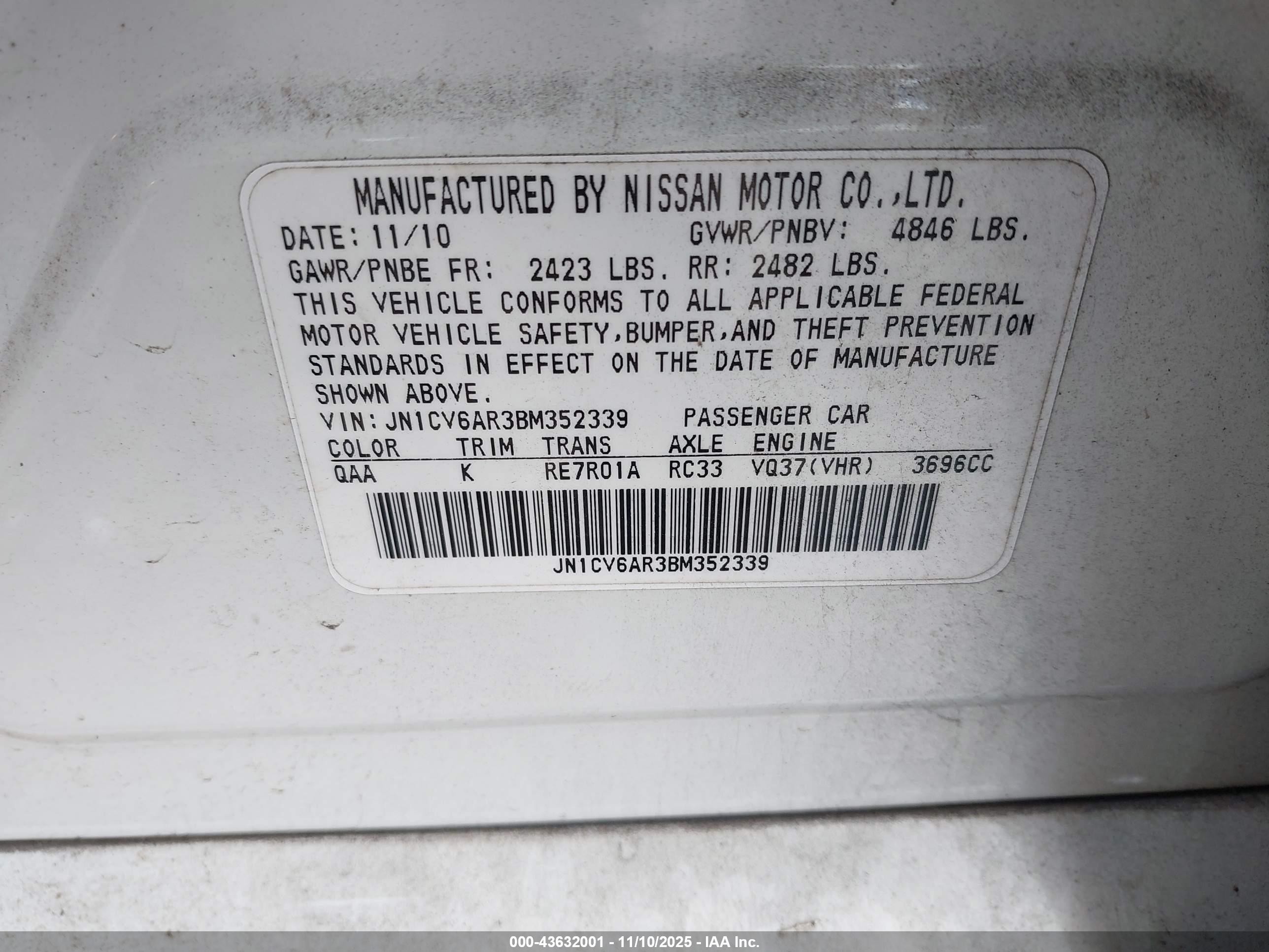 2011 Infiniti G37x   White vin: JN1CV6AR3BM352339