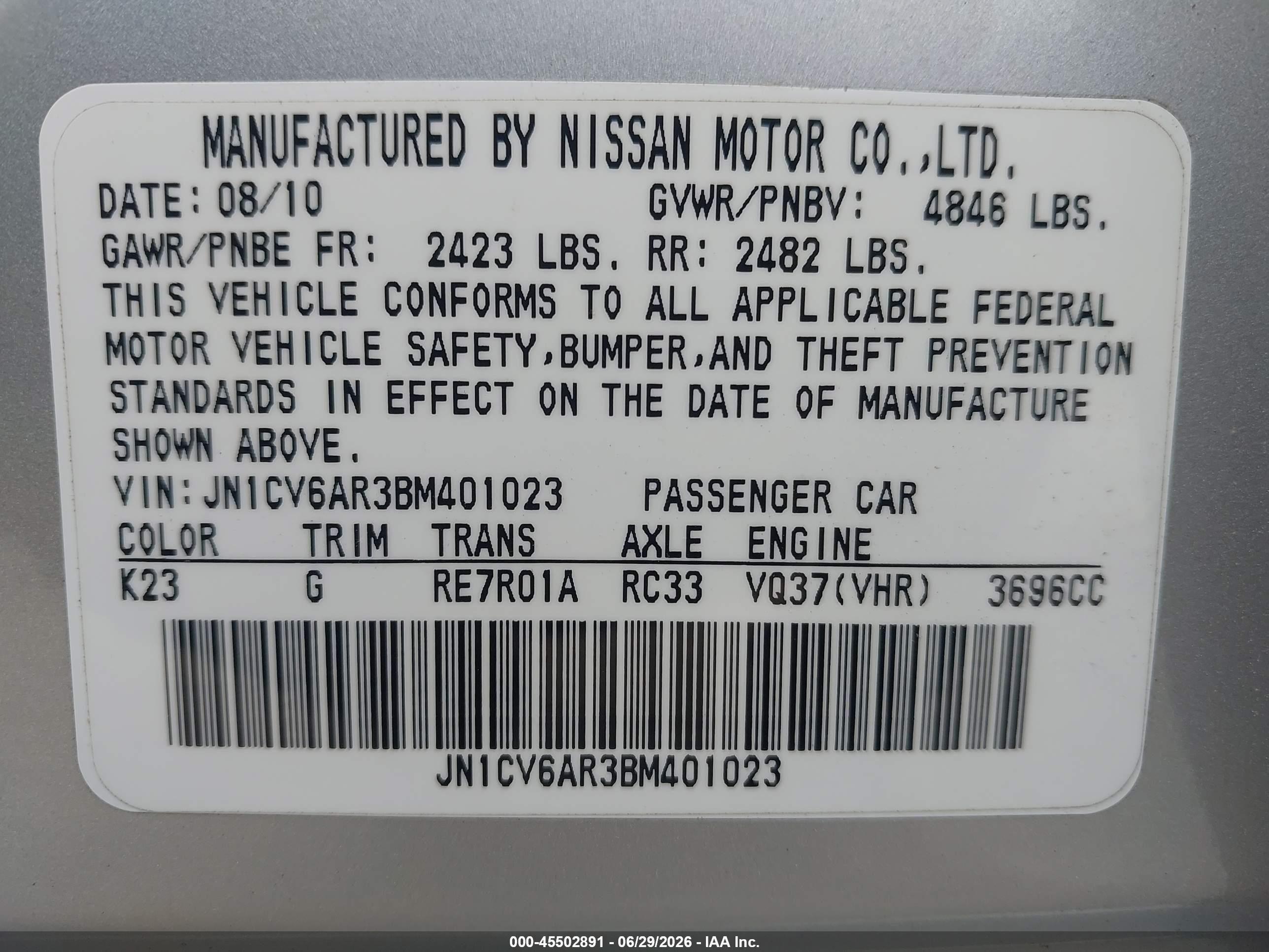2011 Infiniti G37x   Silver vin: JN1CV6AR3BM401023
