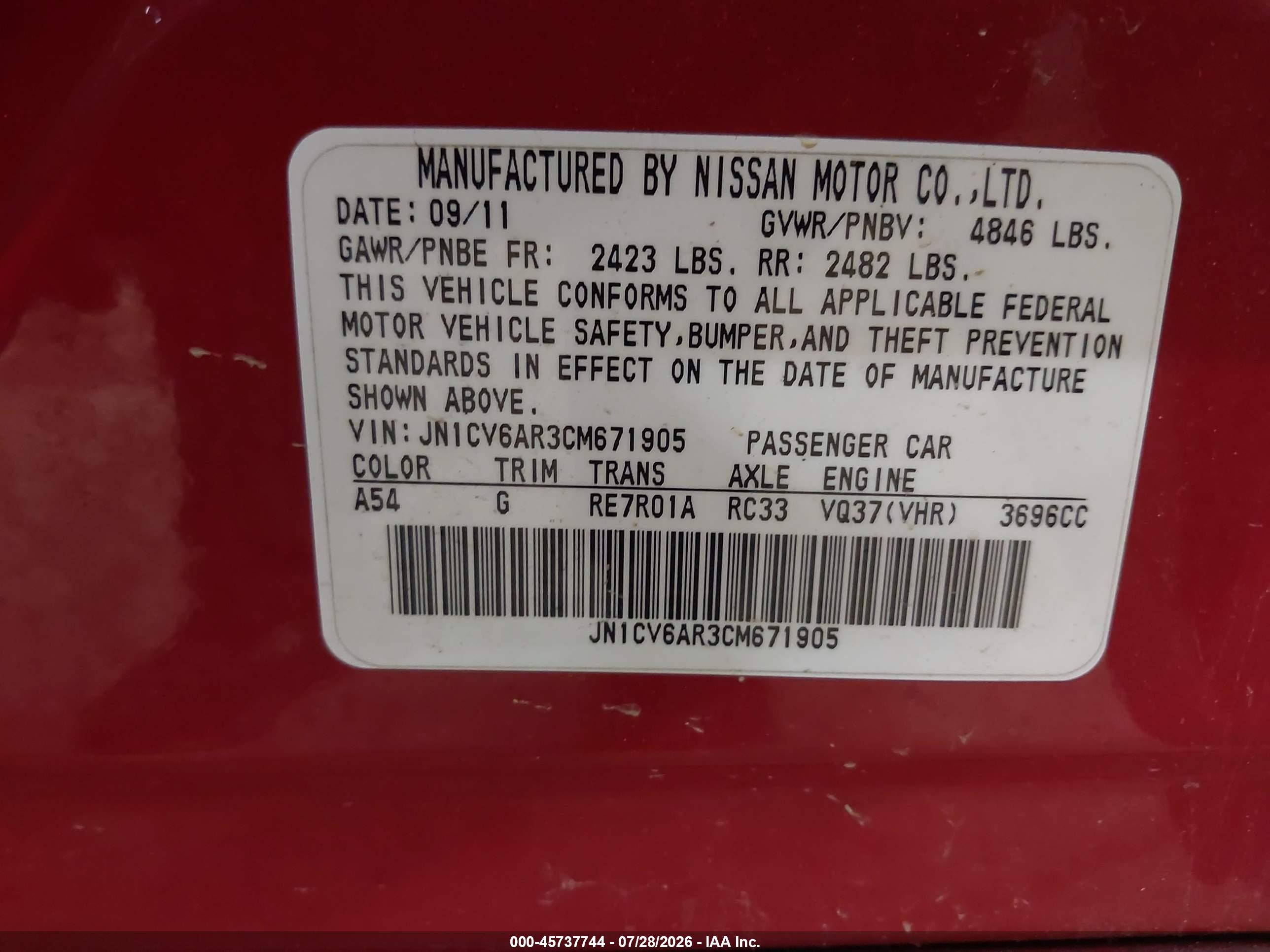 2012 Infiniti G37x   Red vin: JN1CV6AR3CM671905