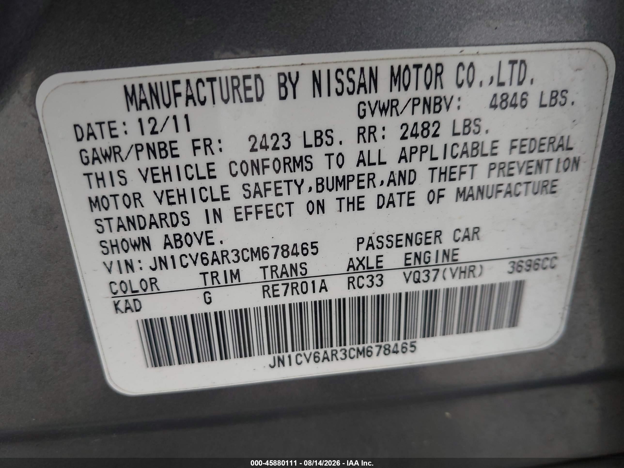2012 Infiniti G37x   Gray vin: JN1CV6AR3CM678465