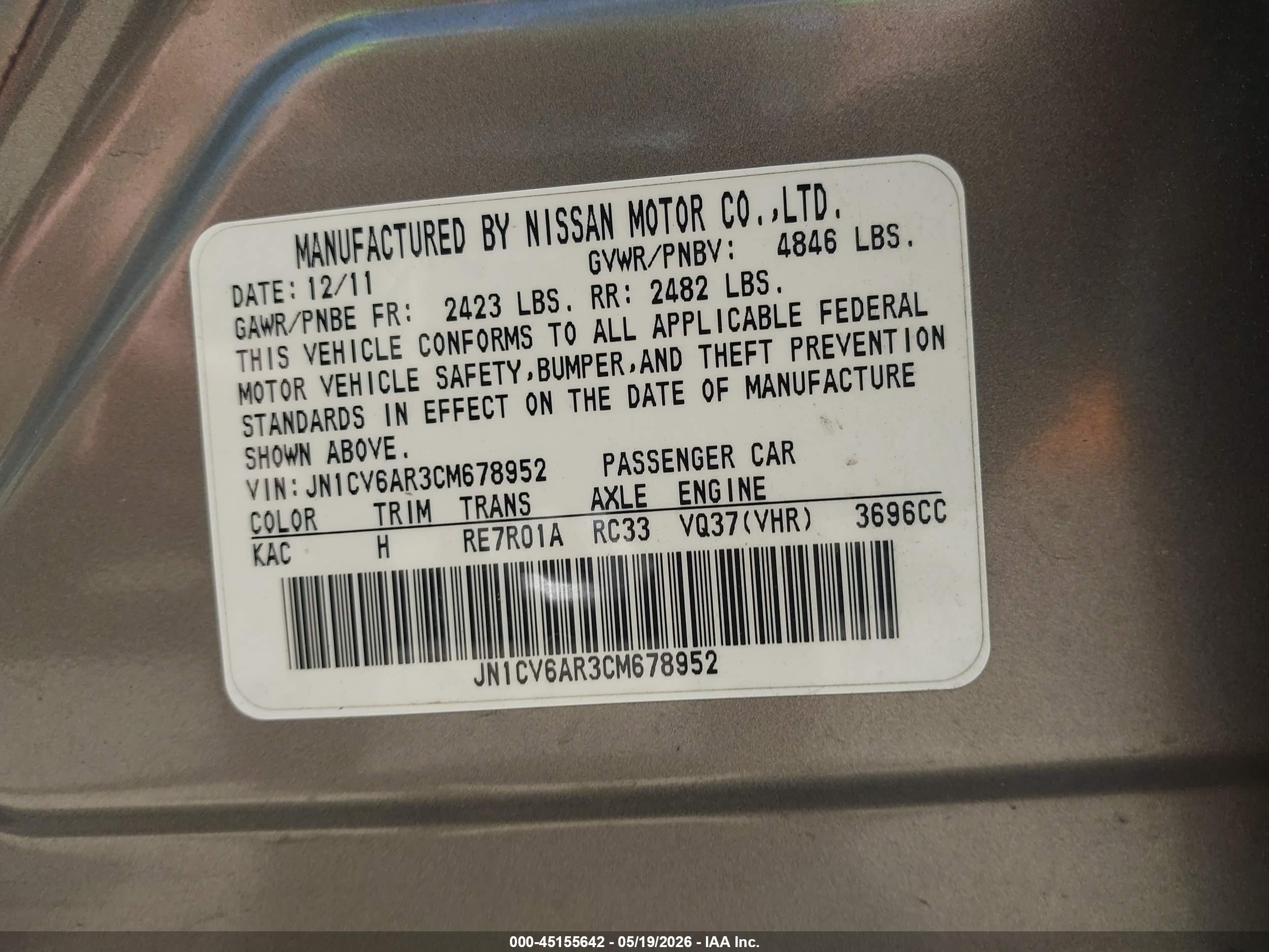 2012 Infiniti G37x   Gray vin: JN1CV6AR3CM678952