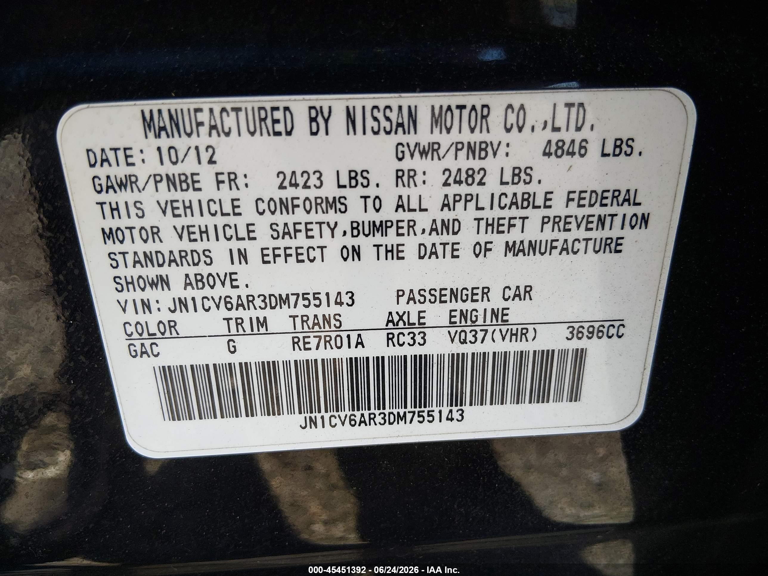 2013 Infiniti G37x   Black vin: JN1CV6AR3DM755143