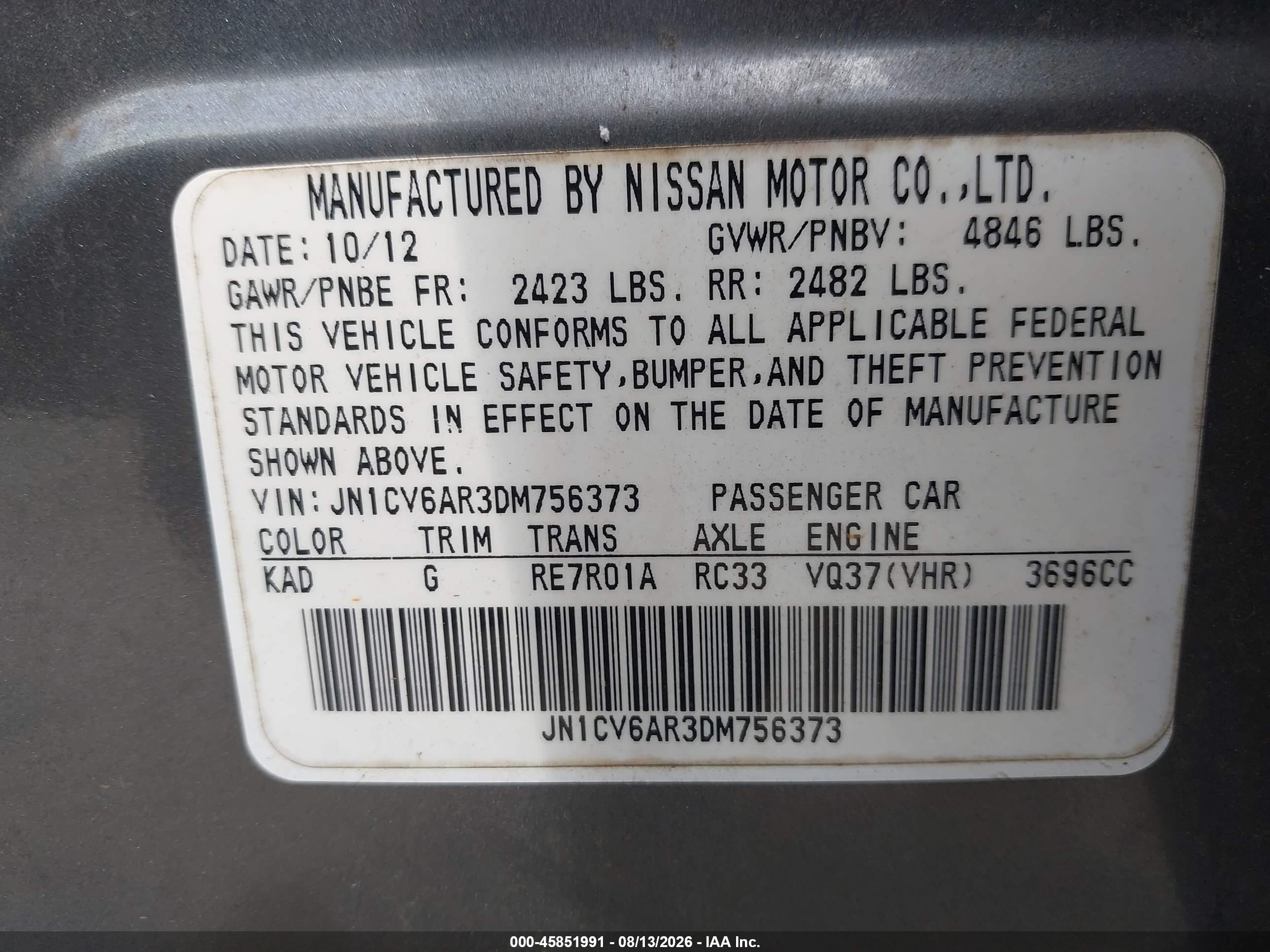 2013 Infiniti G37x   Gray vin: JN1CV6AR3DM756373