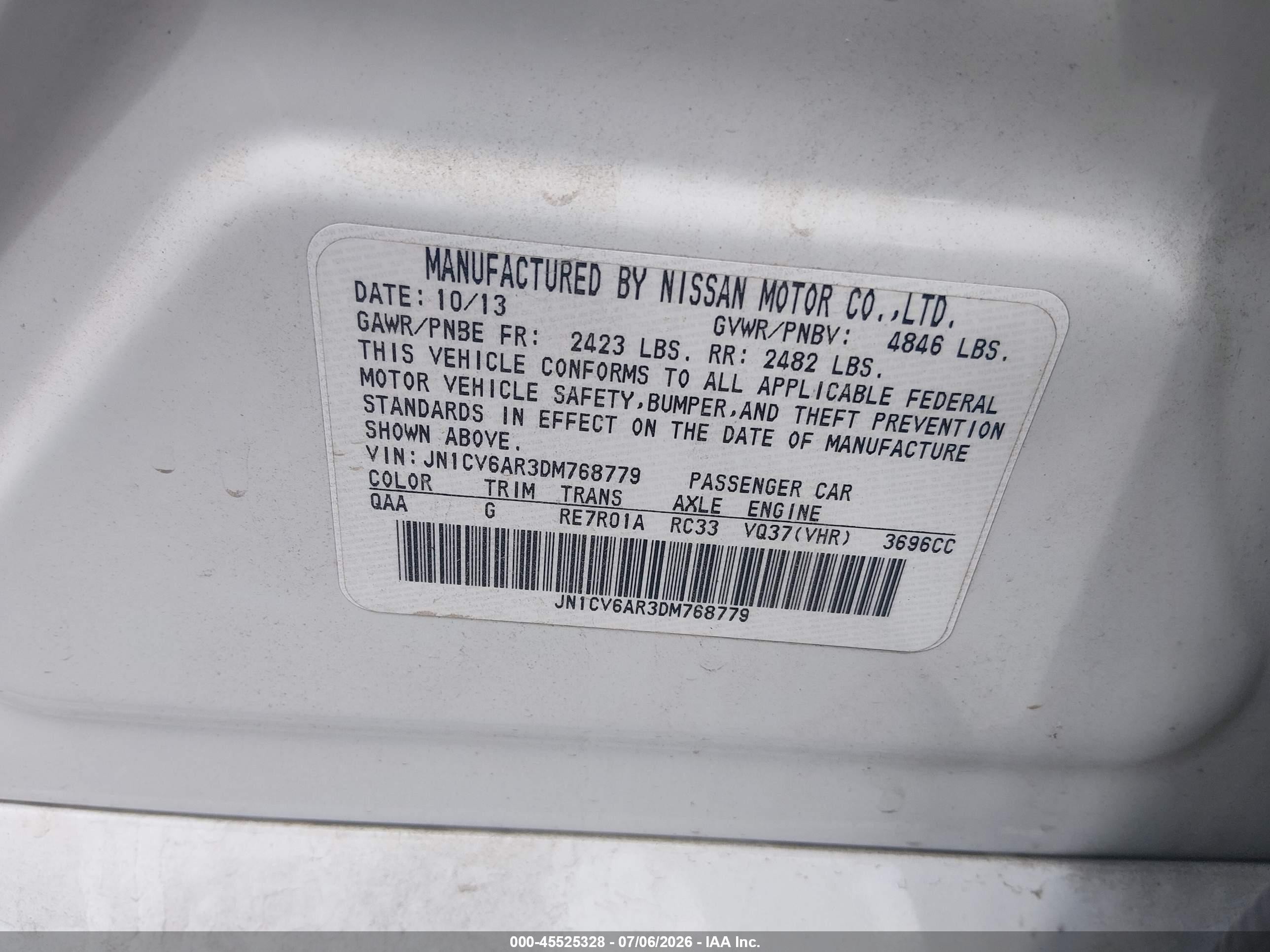 2013 Infiniti G37x   White vin: JN1CV6AR3DM768779
