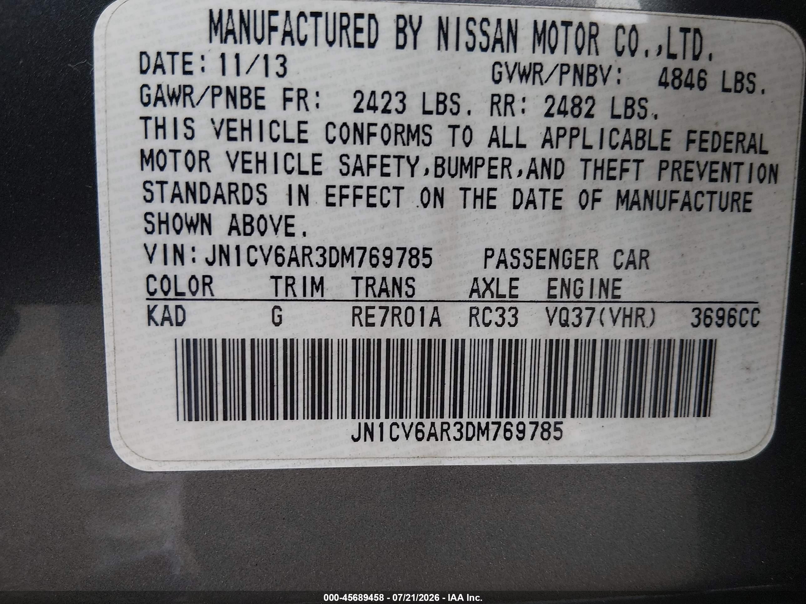2013 Infiniti G37x Gray vin: JN1CV6AR3DM769785
