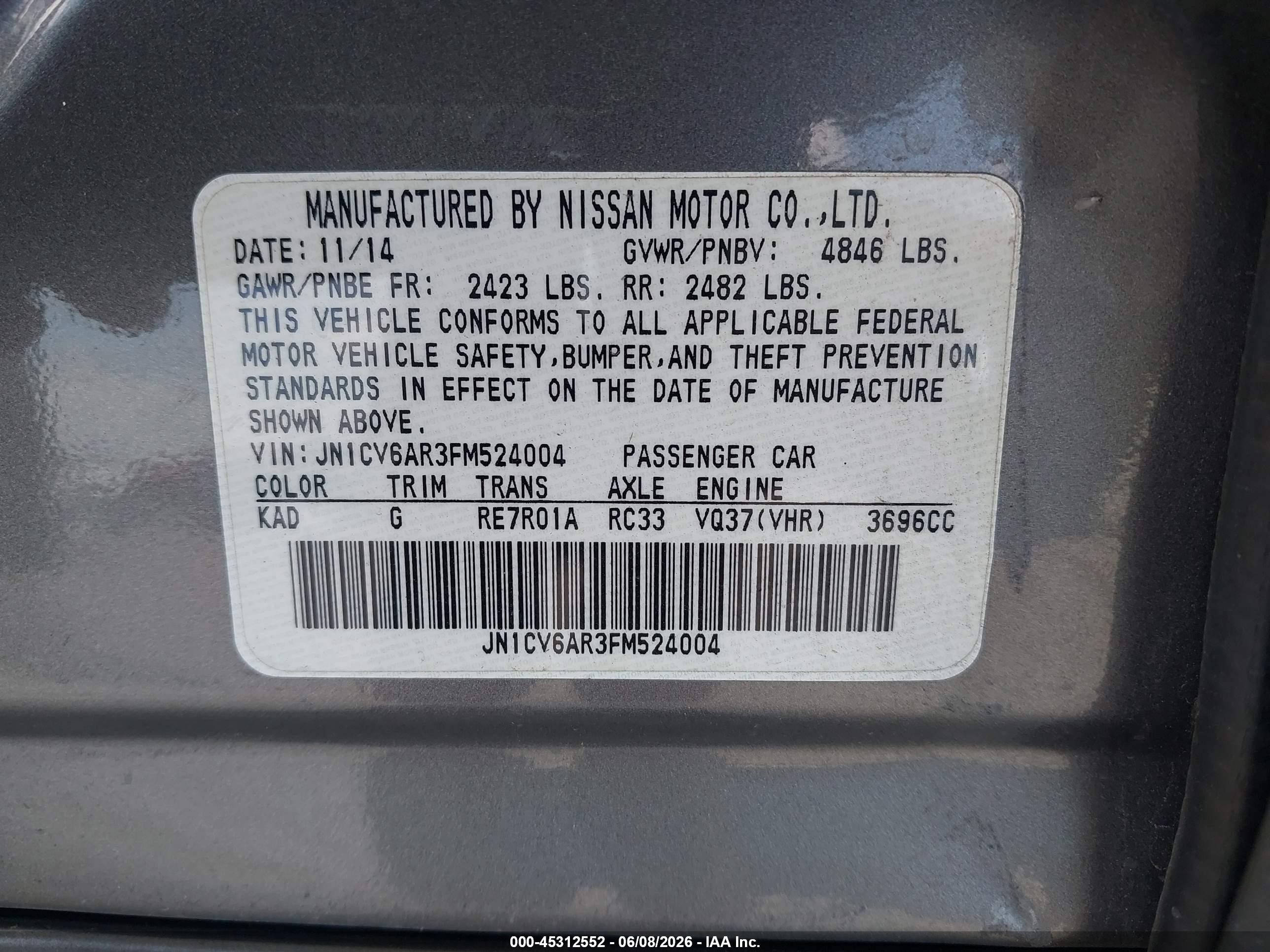 2015 Infiniti Q40   Серый vin: JN1CV6AR3FM524004