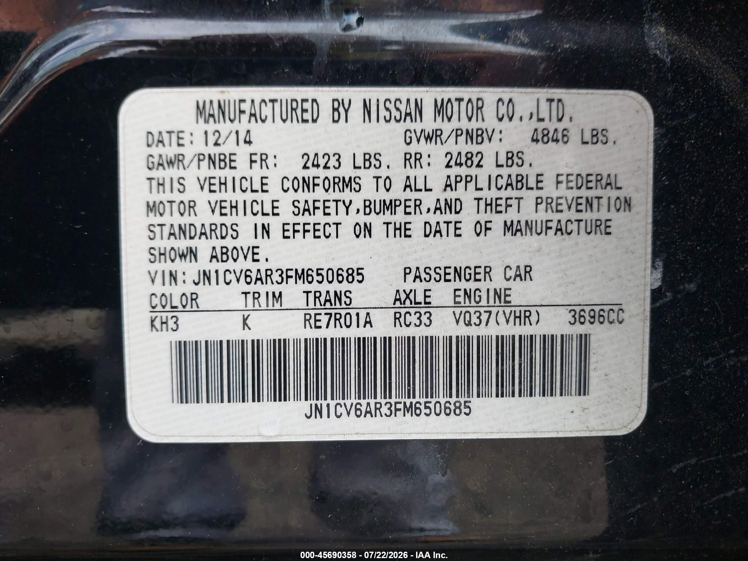 2015 Infiniti Q40   Black vin: JN1CV6AR3FM650685