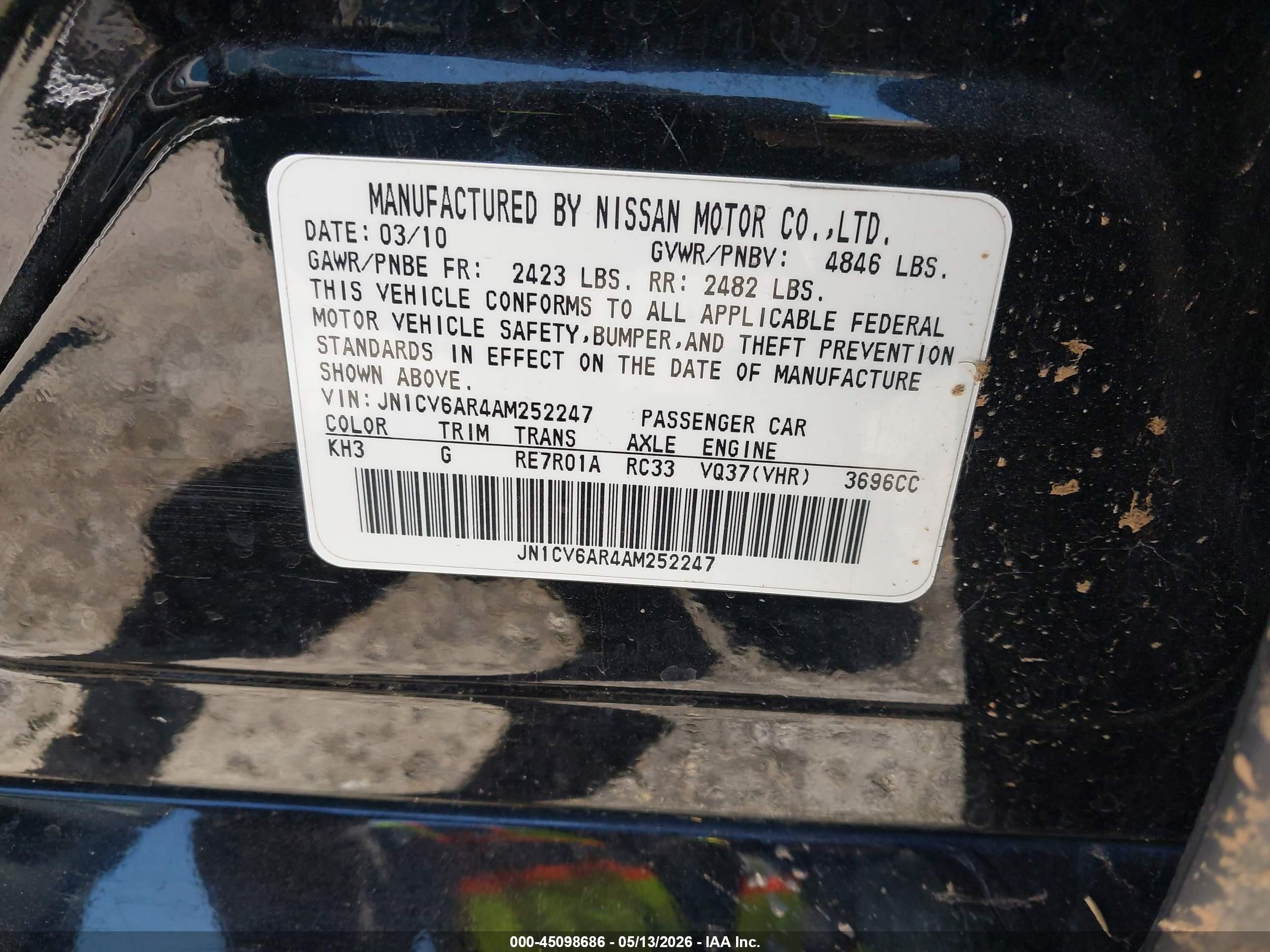 2010 Infiniti G37x   Черный vin: JN1CV6AR4AM252247