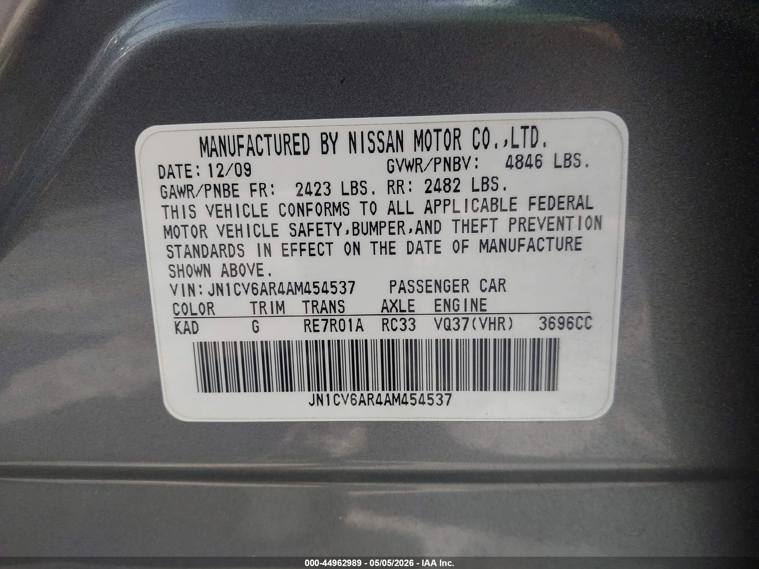 2010 Infiniti G37x   Gray vin: JN1CV6AR4AM454537