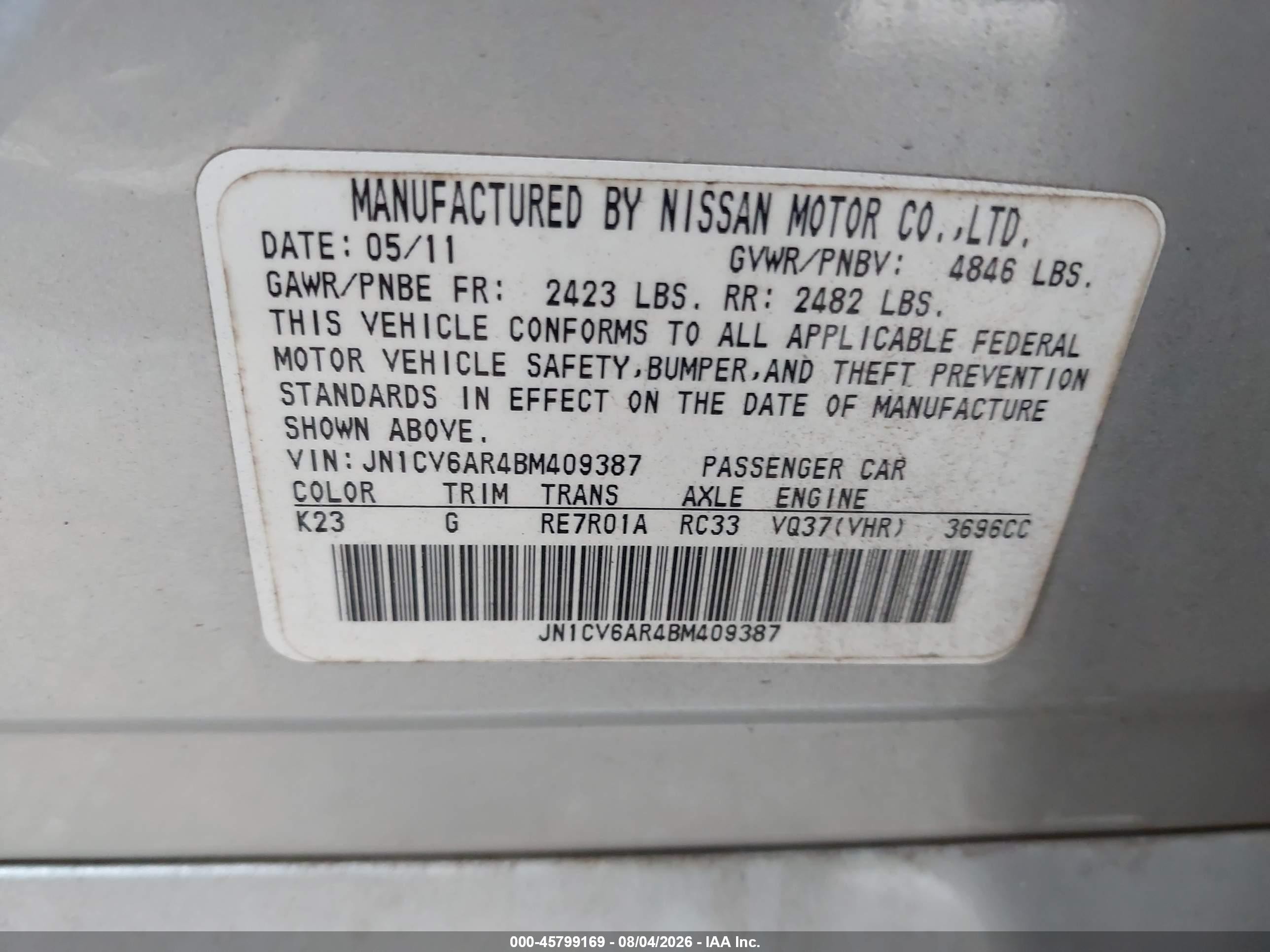 2011 Infiniti G37x   Silver vin: JN1CV6AR4BM409387
