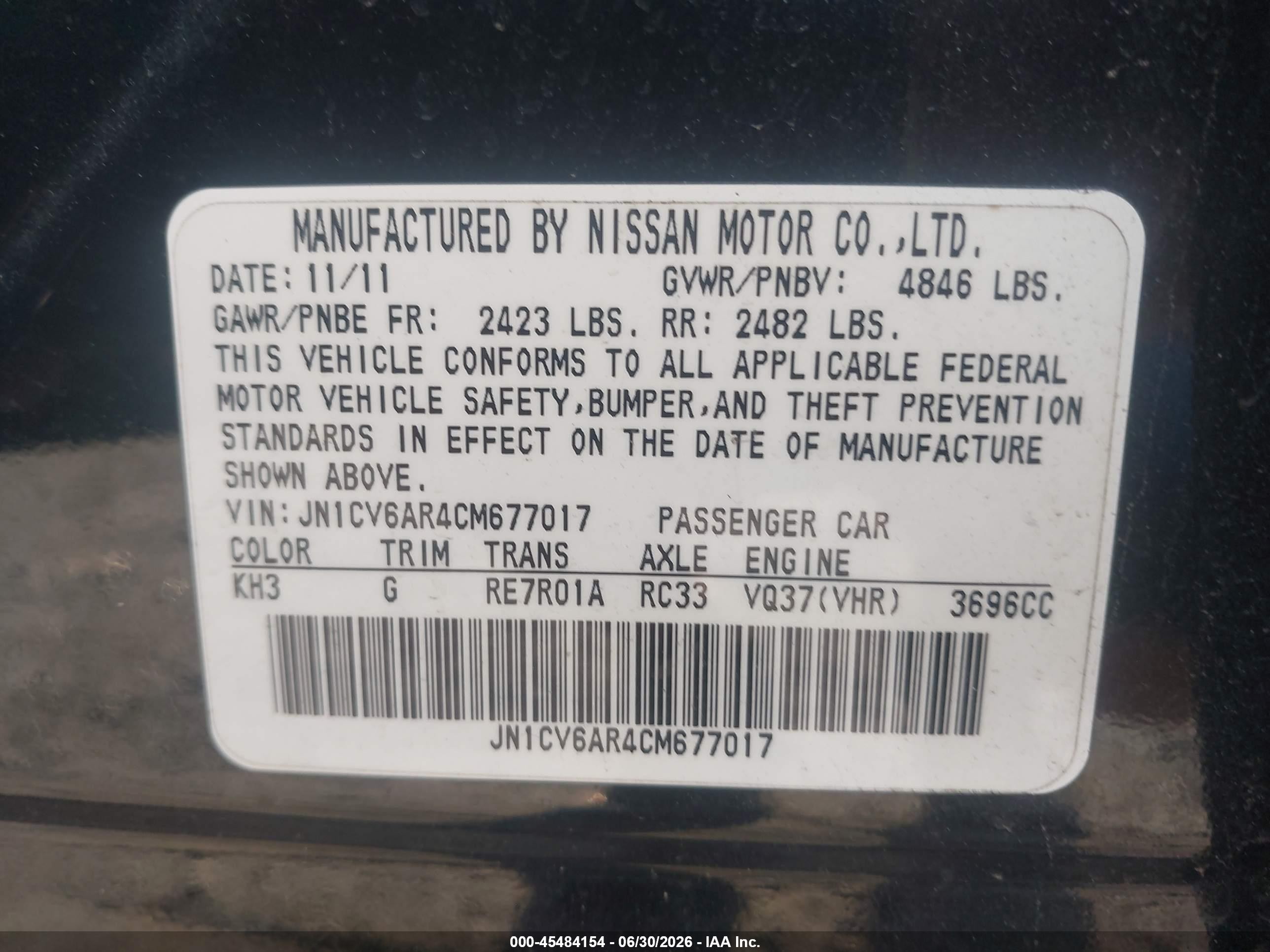 2012 Infiniti G37x   Black vin: JN1CV6AR4CM677017