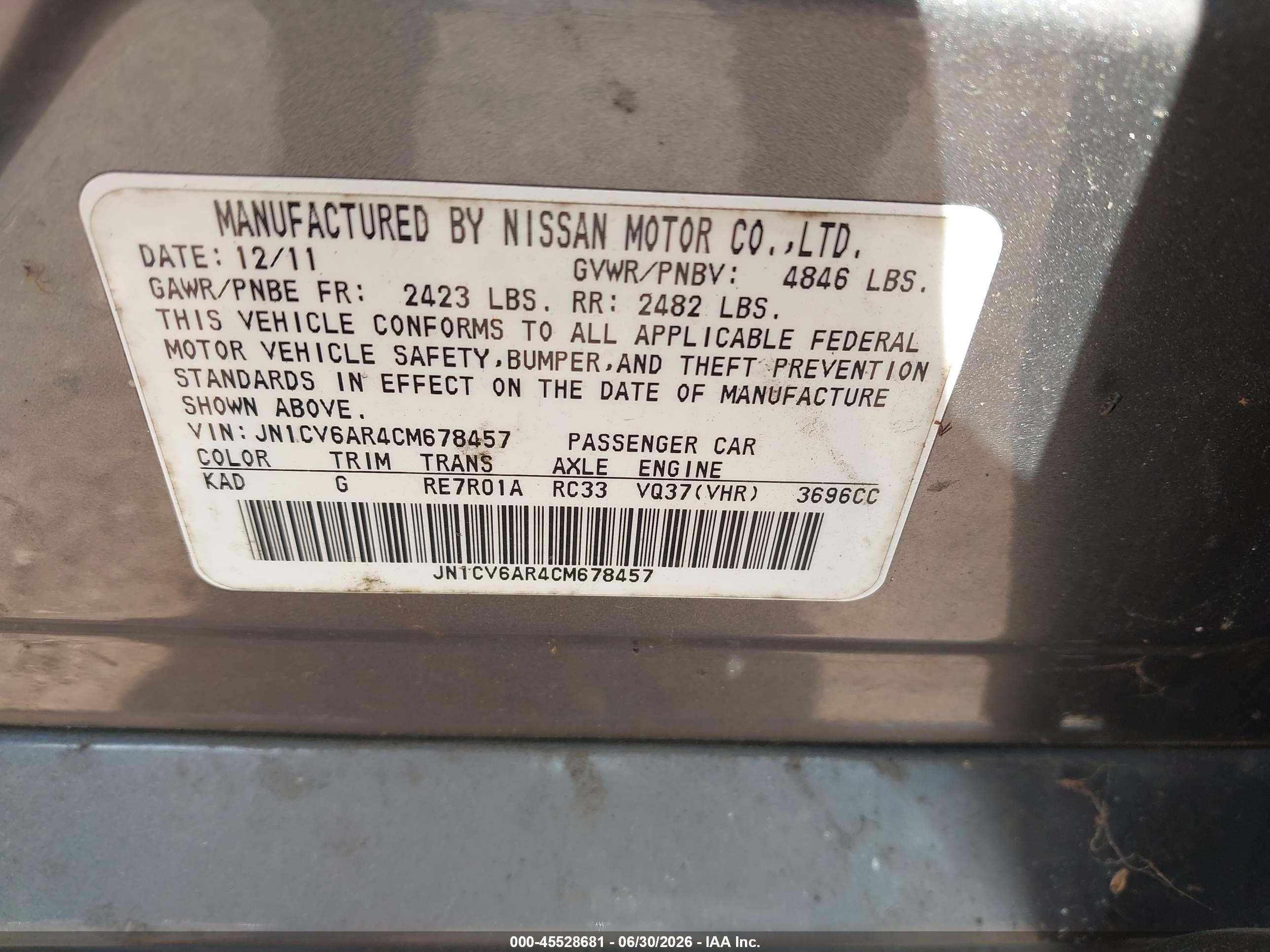 2012 Infiniti G37x   Black vin: JN1CV6AR4CM678457