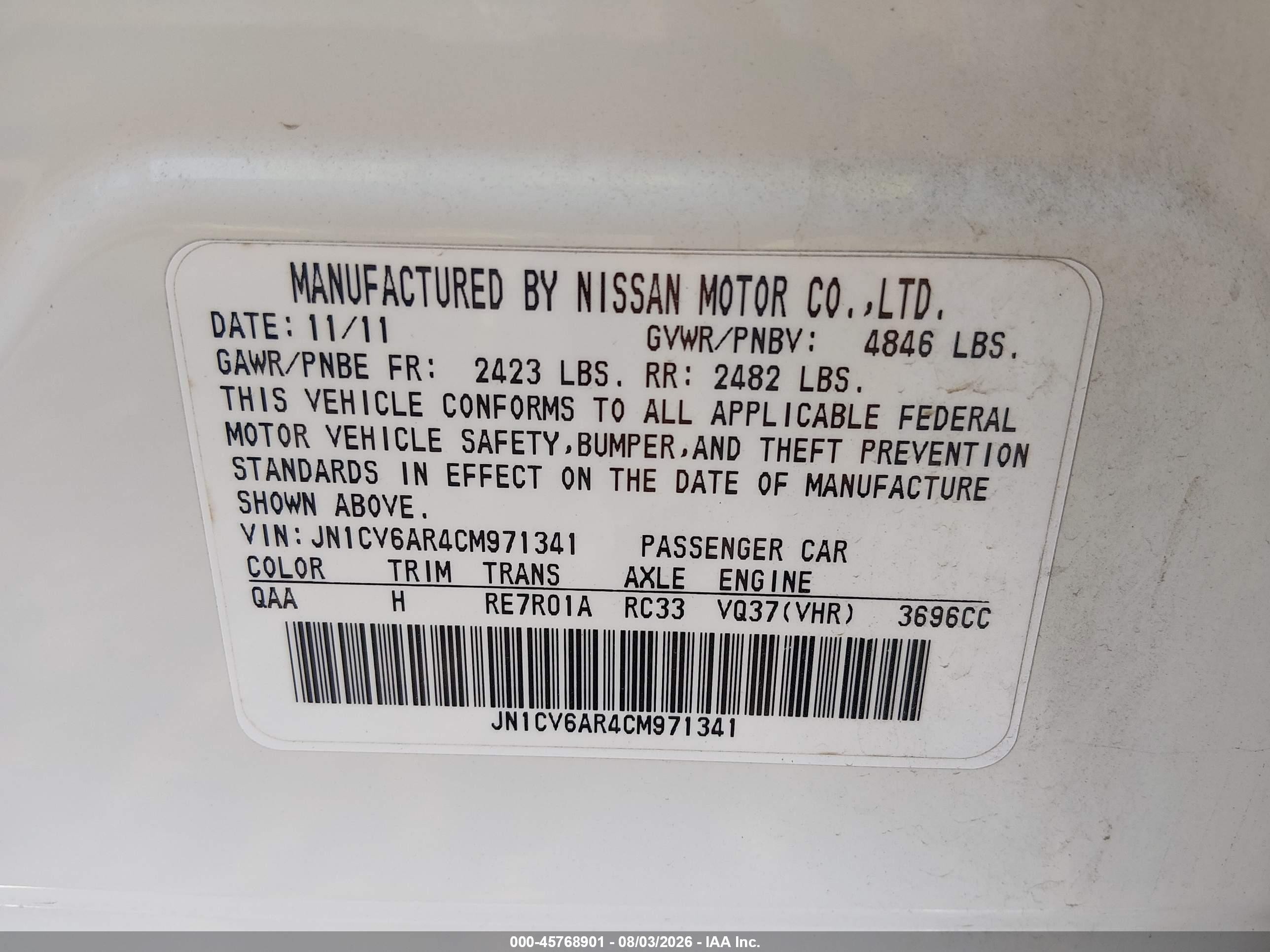 2012 Infiniti G37x   White vin: JN1CV6AR4CM971341