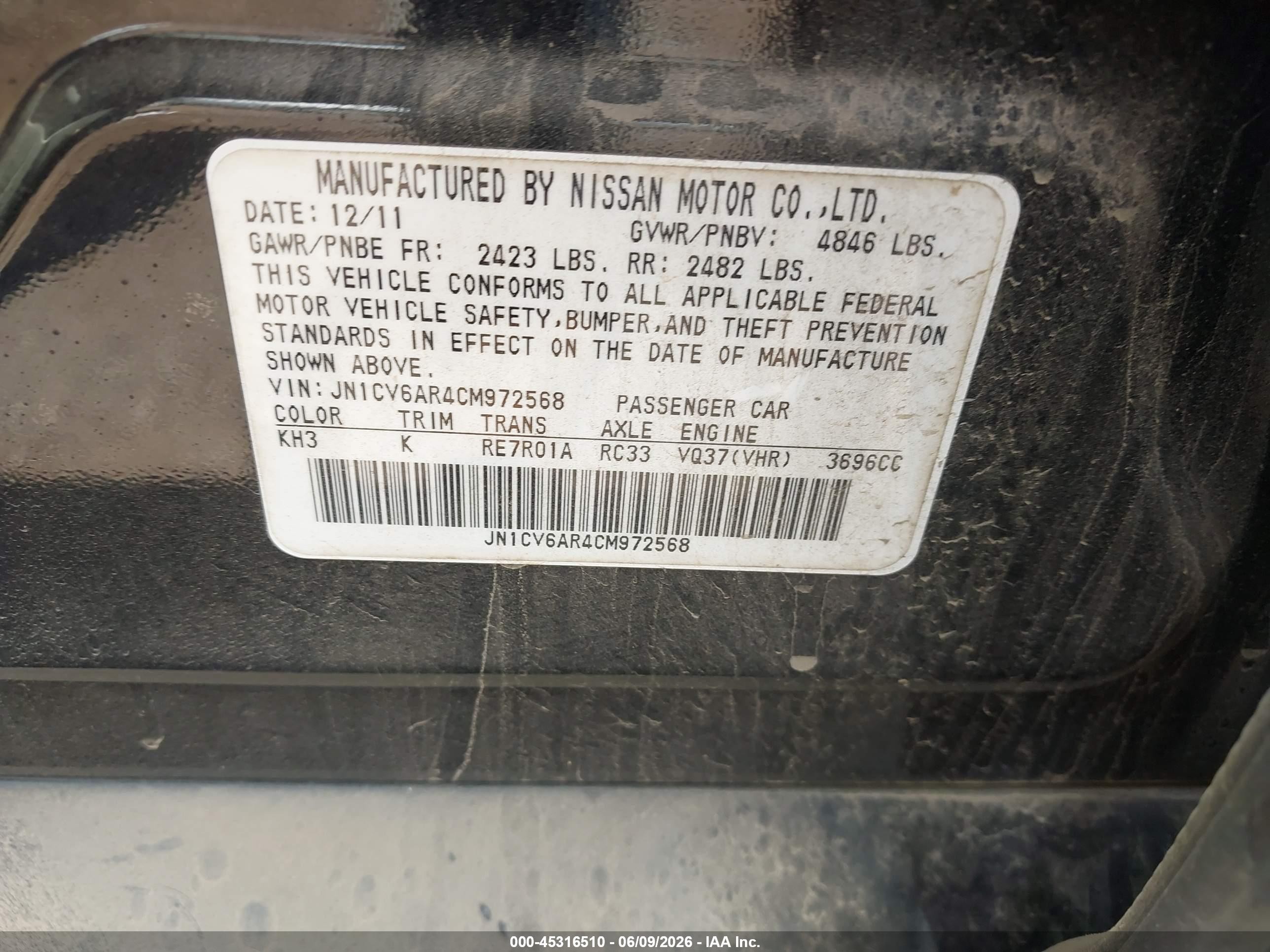 2012 Infiniti G37x   Black vin: JN1CV6AR4CM972568