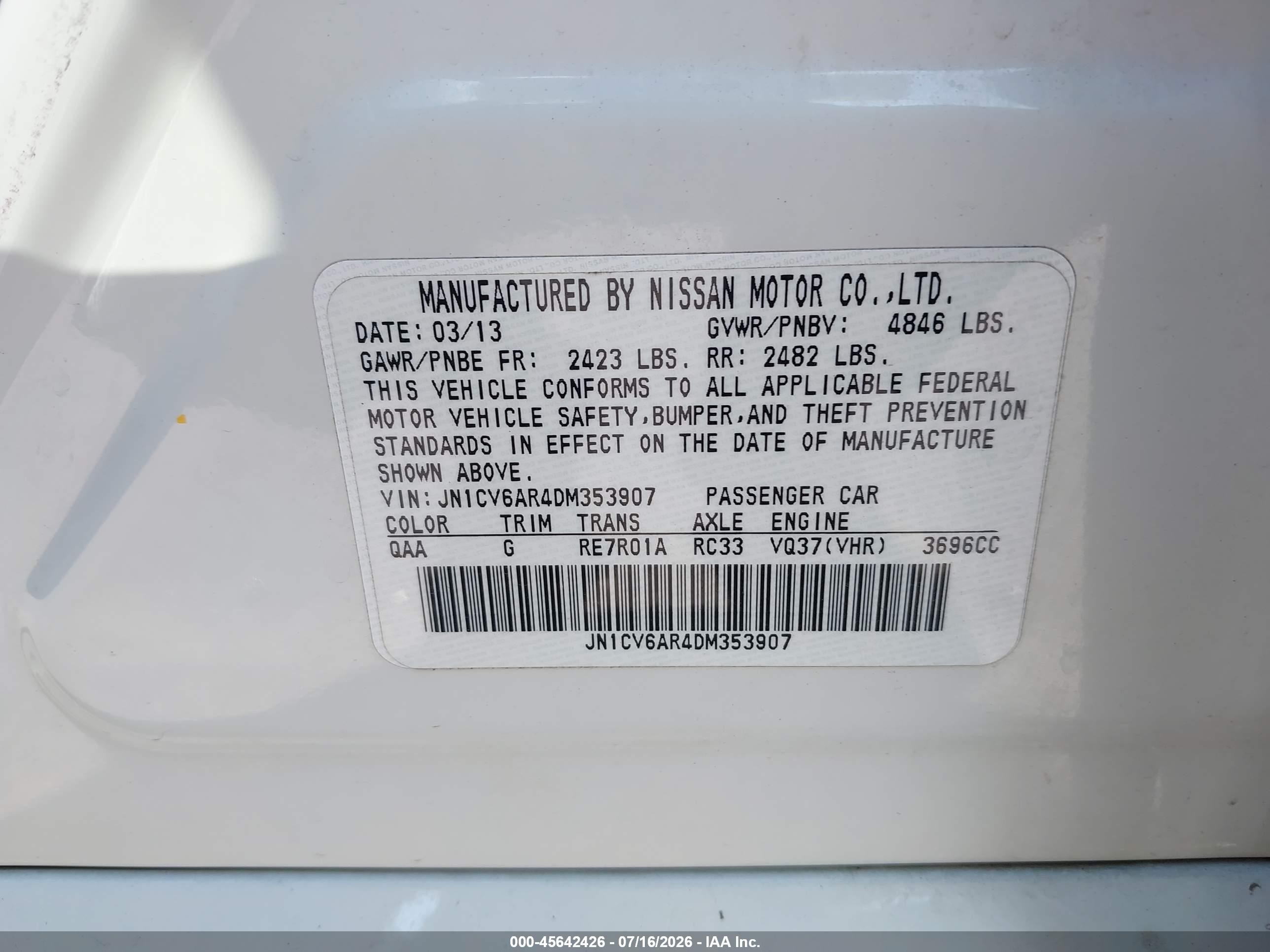 2013 Infiniti G37x   White vin: JN1CV6AR4DM353907