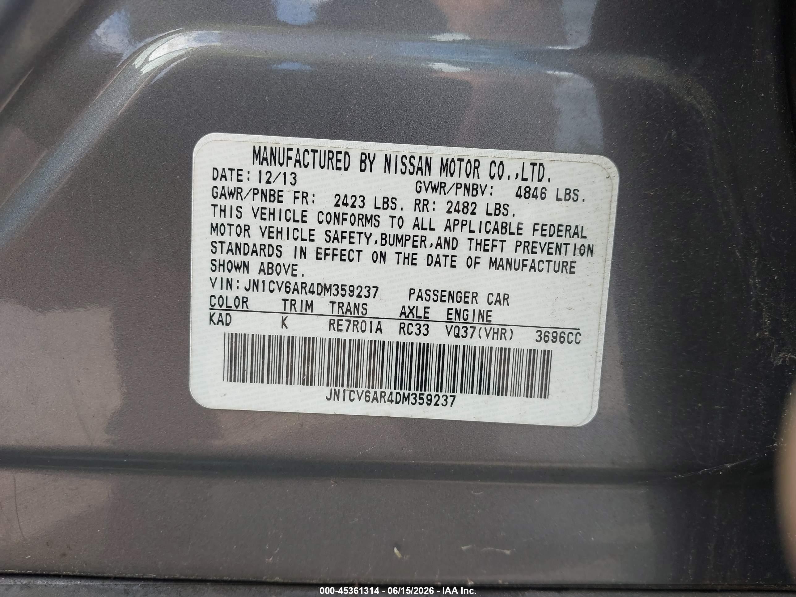 2013 Infiniti G37x   Gray vin: JN1CV6AR4DM359237