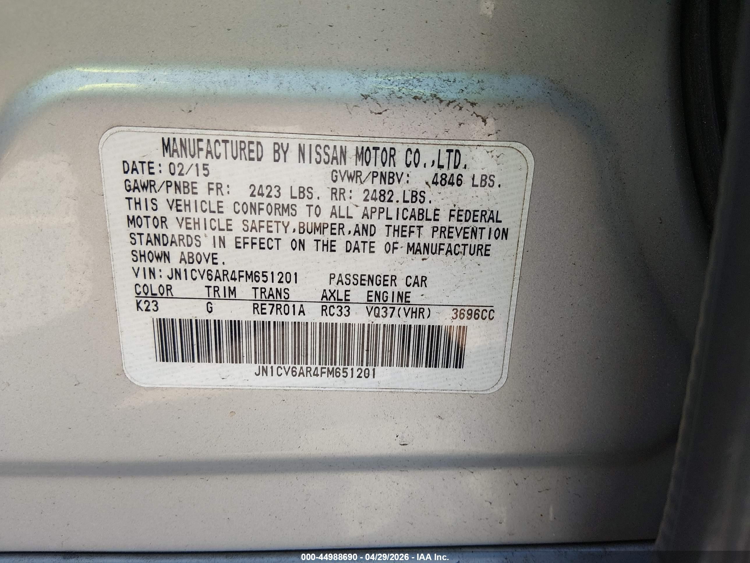 2015 Infiniti Q40   Silver vin: JN1CV6AR4FM651201