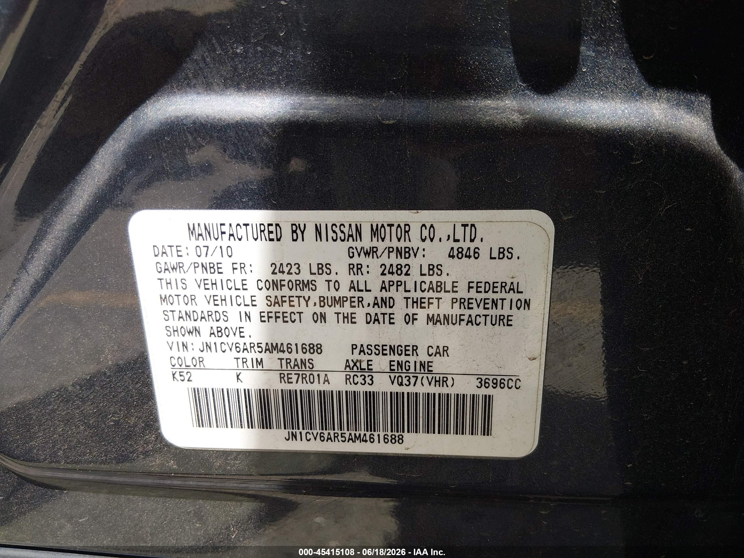 2010 Infiniti G37x   Blue vin: JN1CV6AR5AM461688