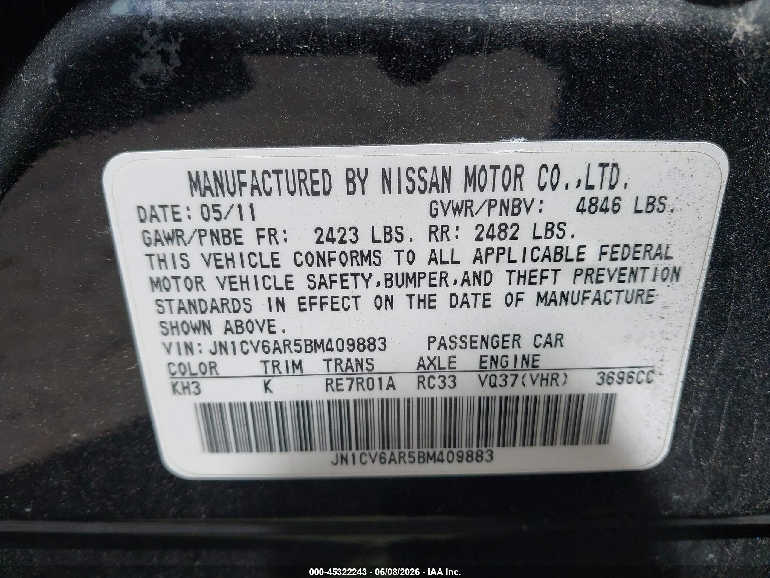 2011 Infiniti G37x   Black vin: JN1CV6AR5BM409883