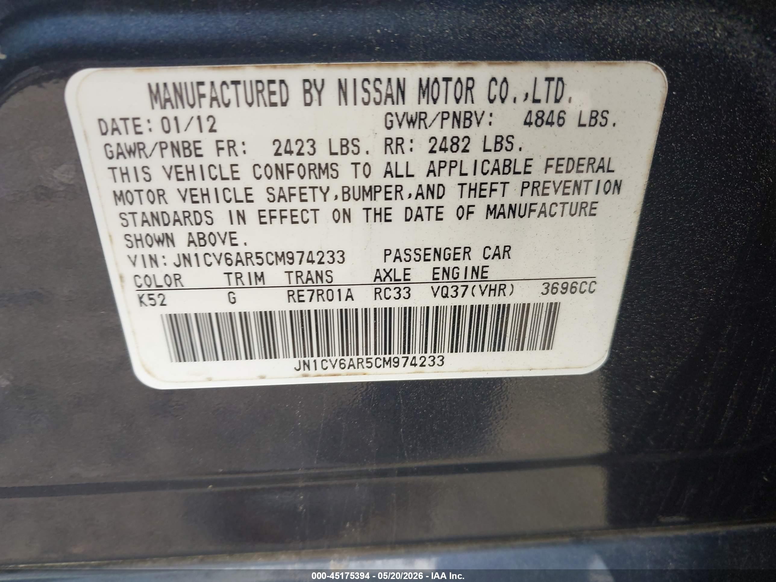 2012 Infiniti G37x   Gray vin: JN1CV6AR5CM974233