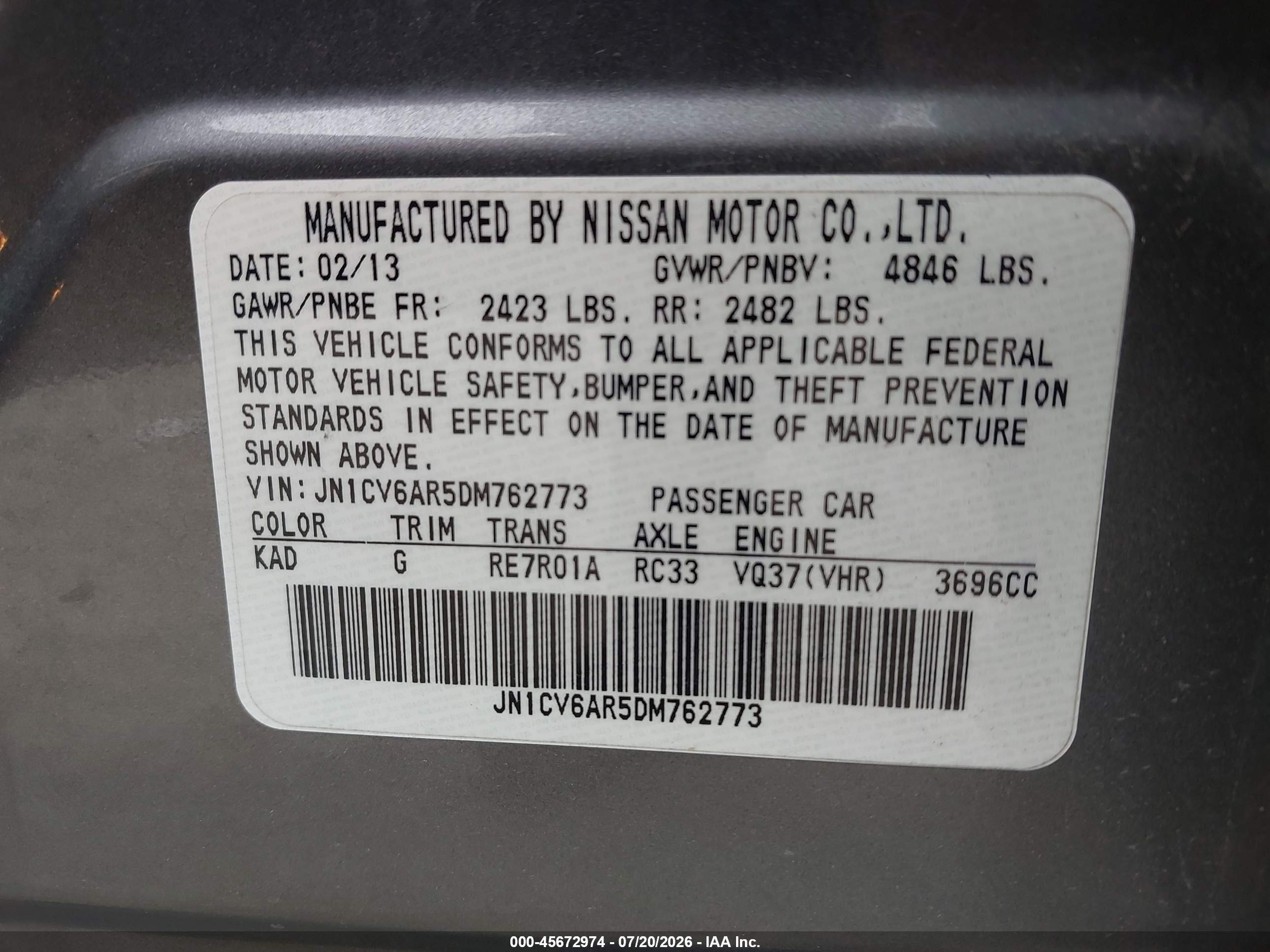 2013 Infiniti G37x   Gray vin: JN1CV6AR5DM762773
