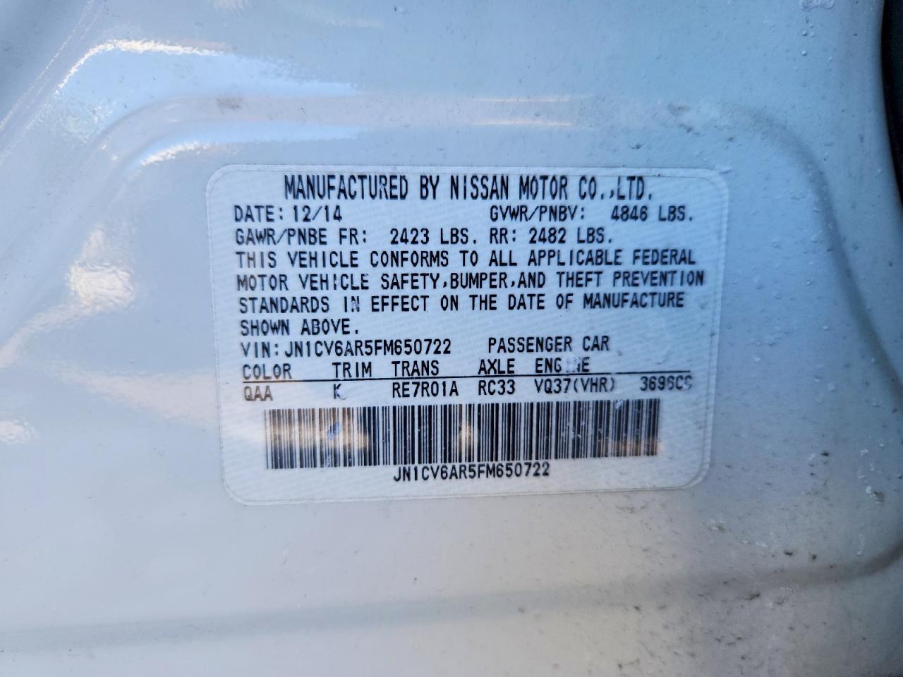 2015 Infiniti Q40 White vin: JN1CV6AR5FM650722