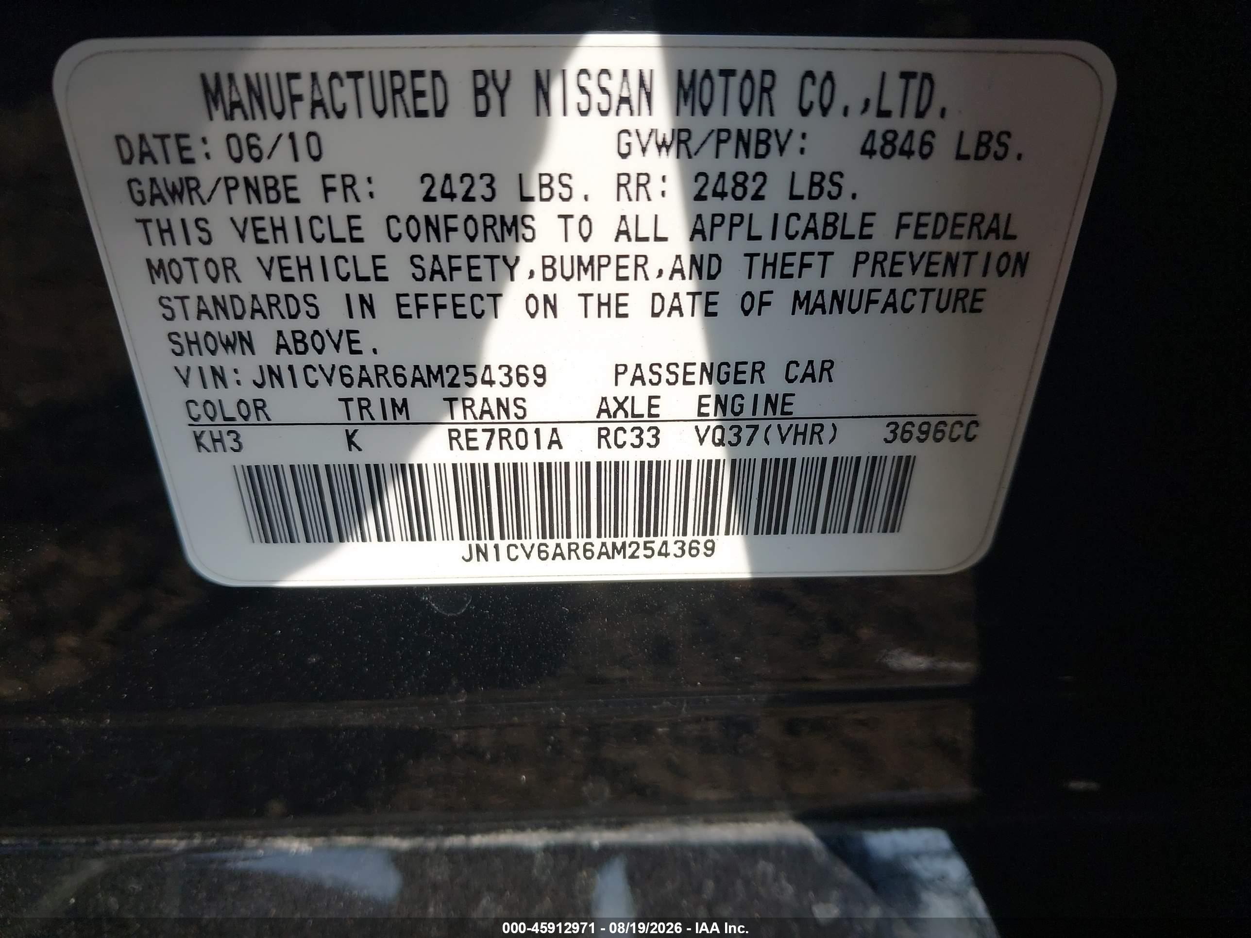 2010 Infiniti G37x   Black vin: JN1CV6AR6AM254369