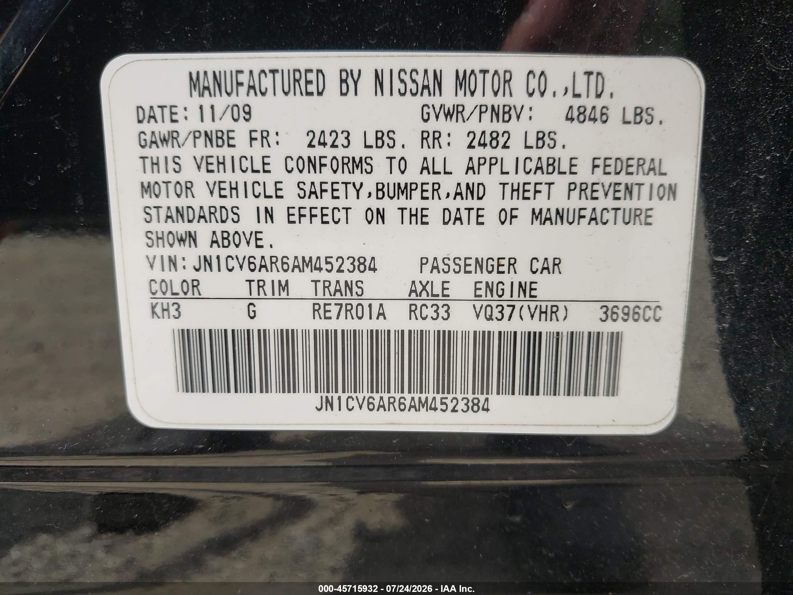 2010 Infiniti G37x   Black vin: JN1CV6AR6AM452384