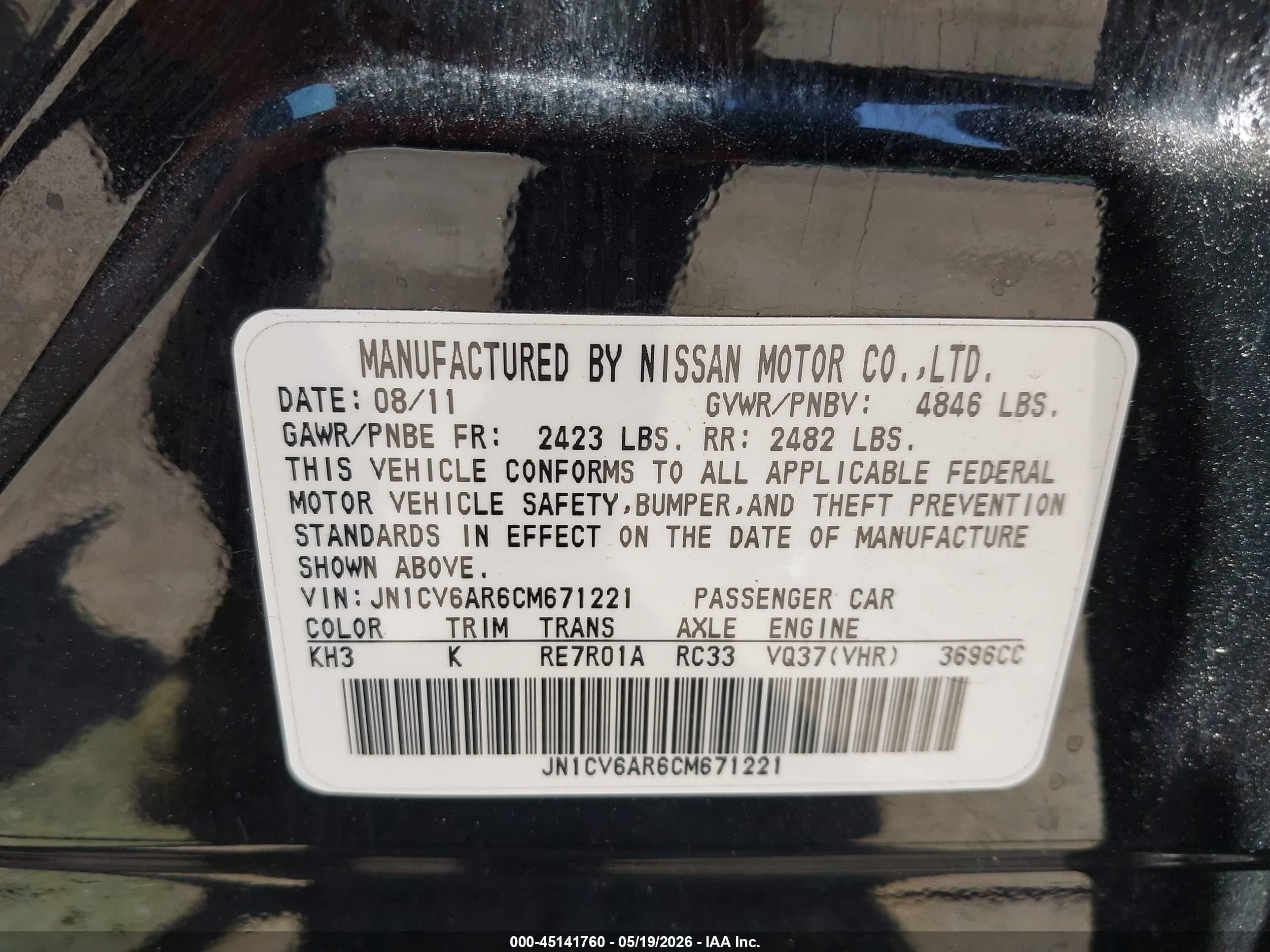 2012 Infiniti G37x   Black vin: JN1CV6AR6CM671221