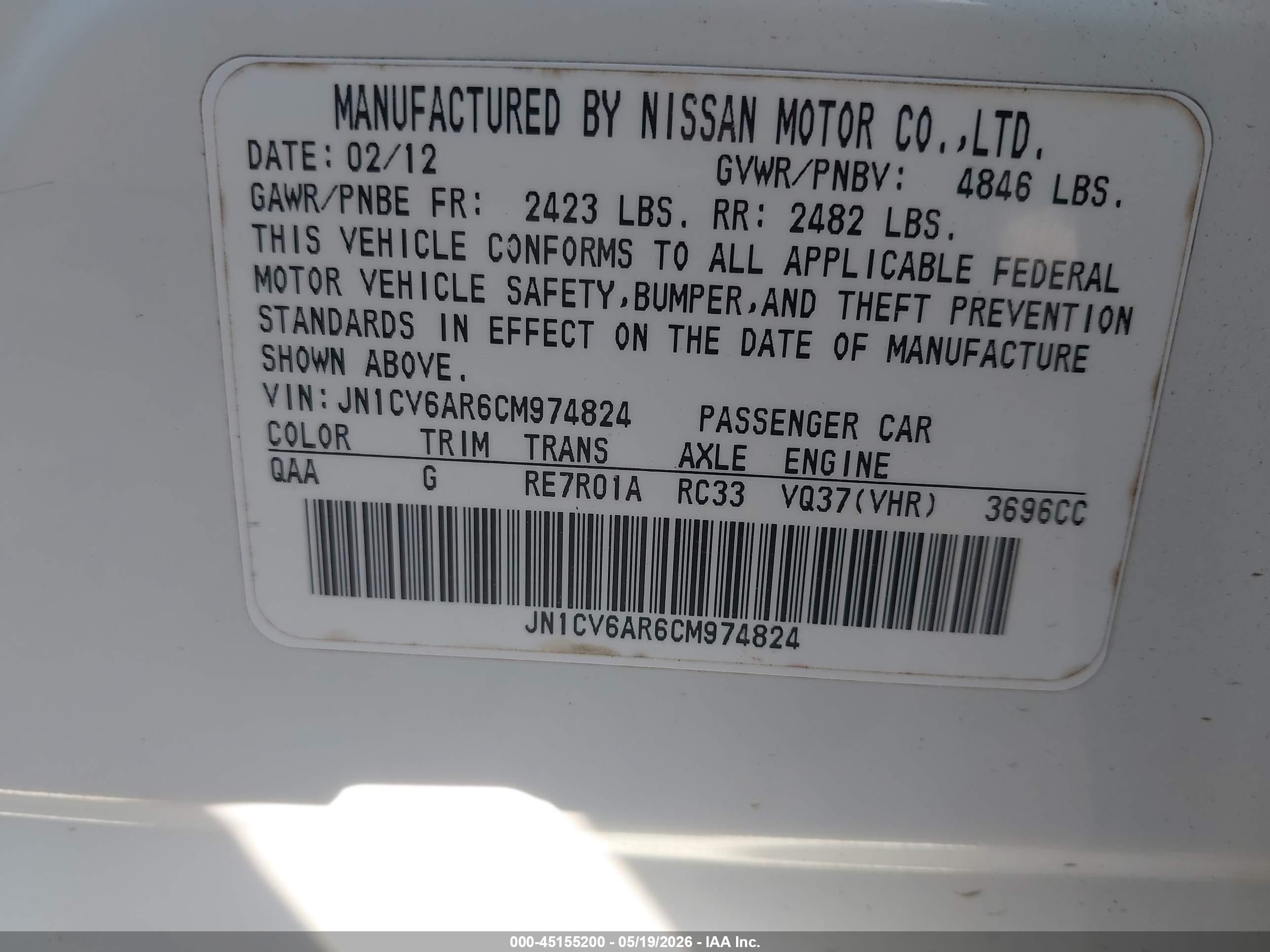 2012 Infiniti G37x   White vin: JN1CV6AR6CM974824