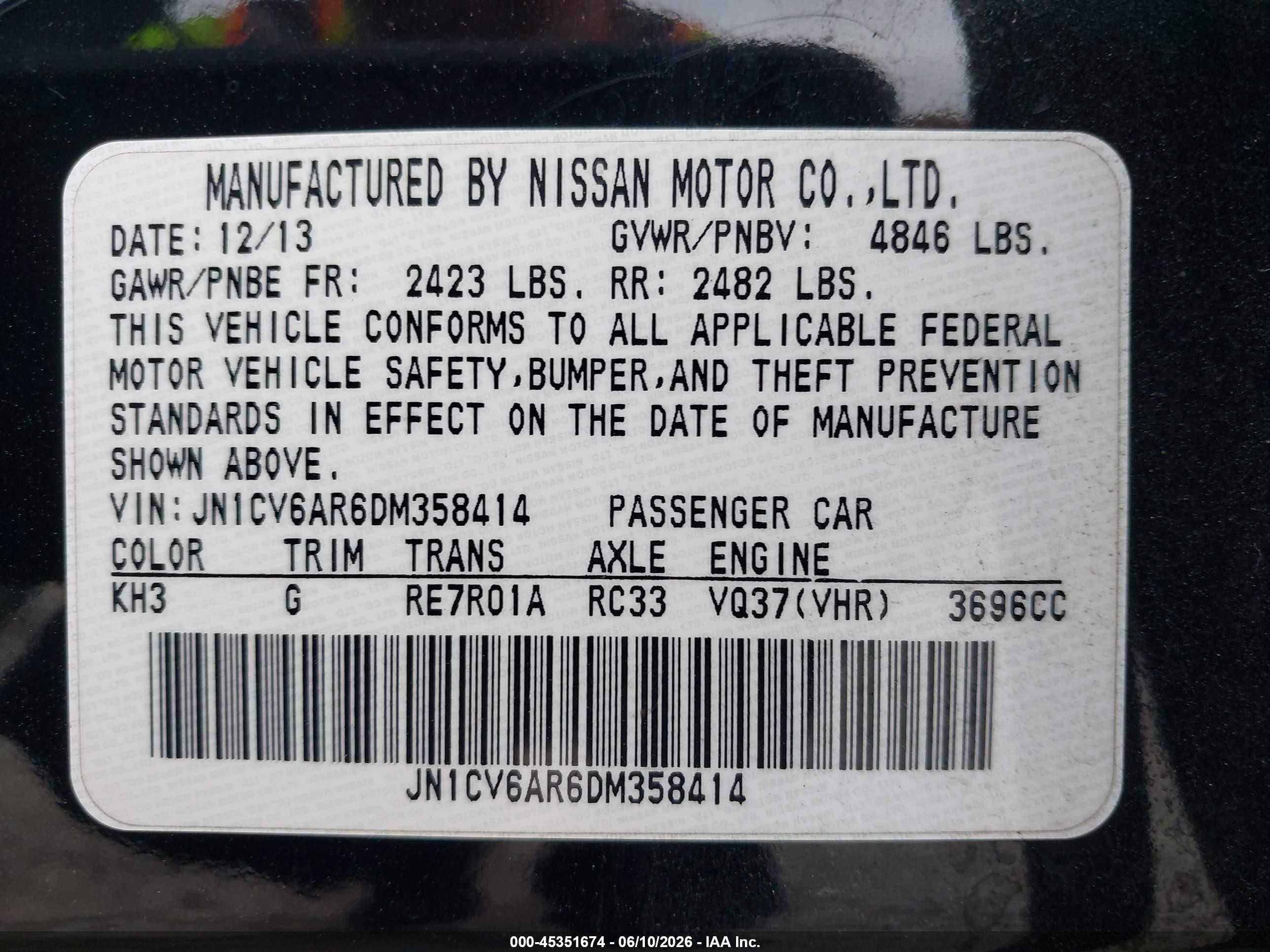 2013 Infiniti G37x   Black vin: JN1CV6AR6DM358414
