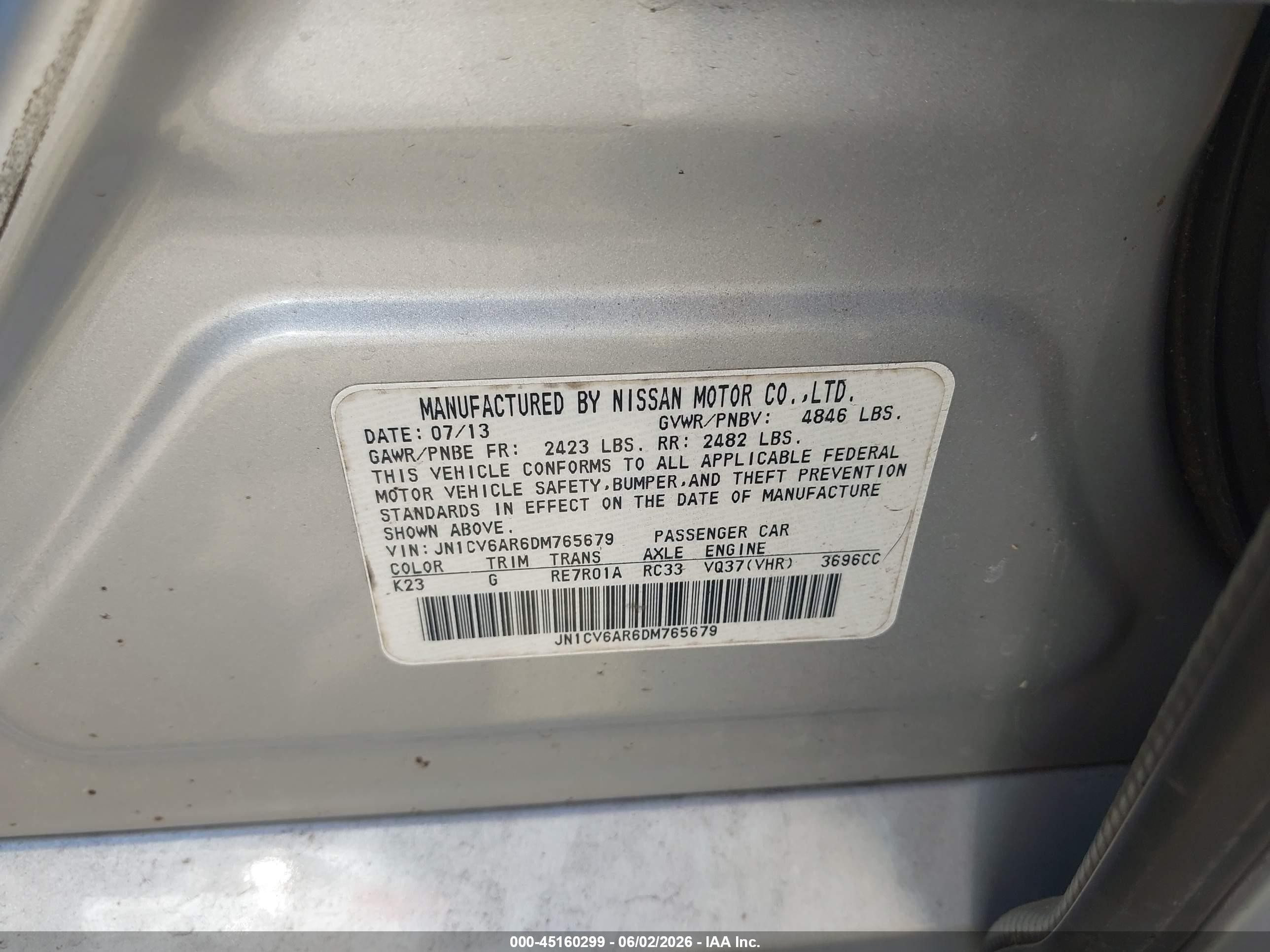 2013 Infiniti G37x   Серебряный vin: JN1CV6AR6DM765679