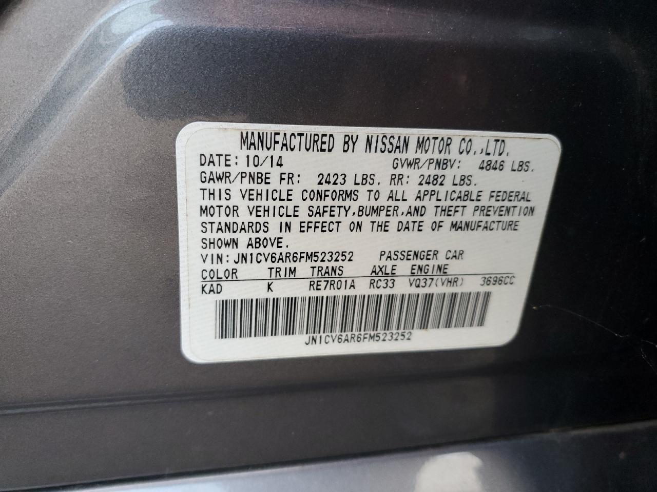 2015 Infiniti Q40 Base Gray vin: JN1CV6AR6FM523252