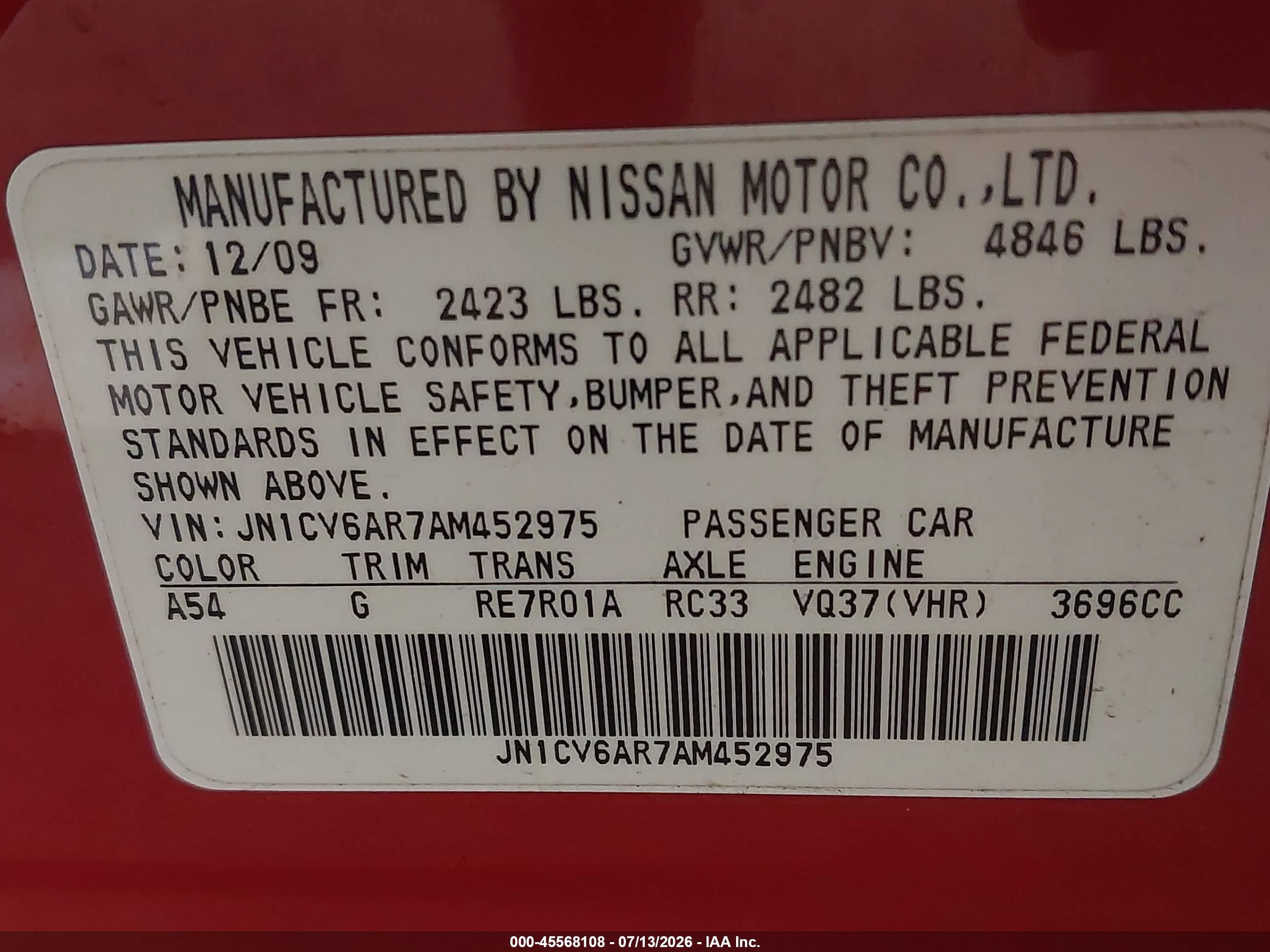 2010 Infiniti G37x   Red vin: JN1CV6AR7AM452975