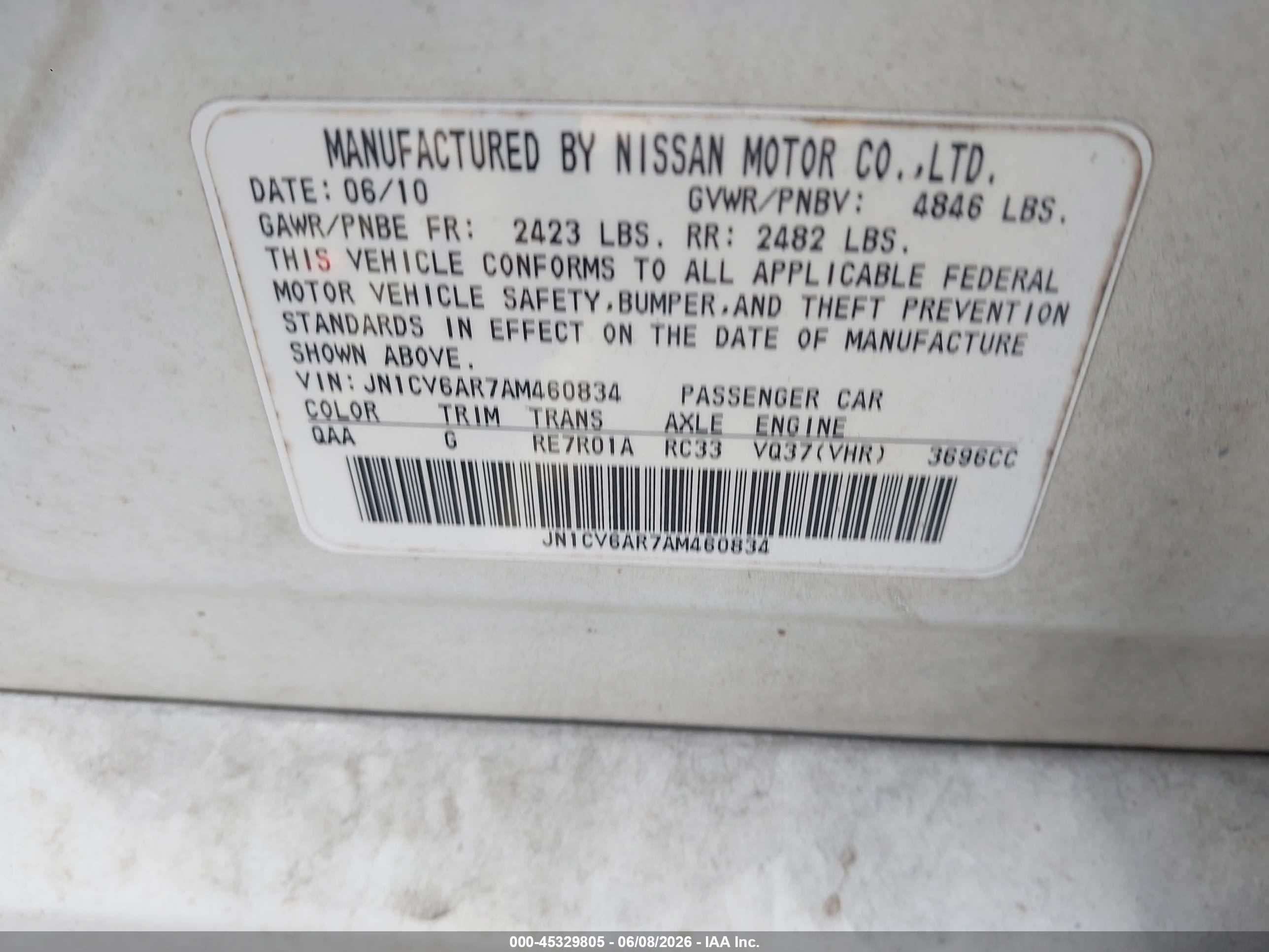 2010 Infiniti G37x   White vin: JN1CV6AR7AM460834