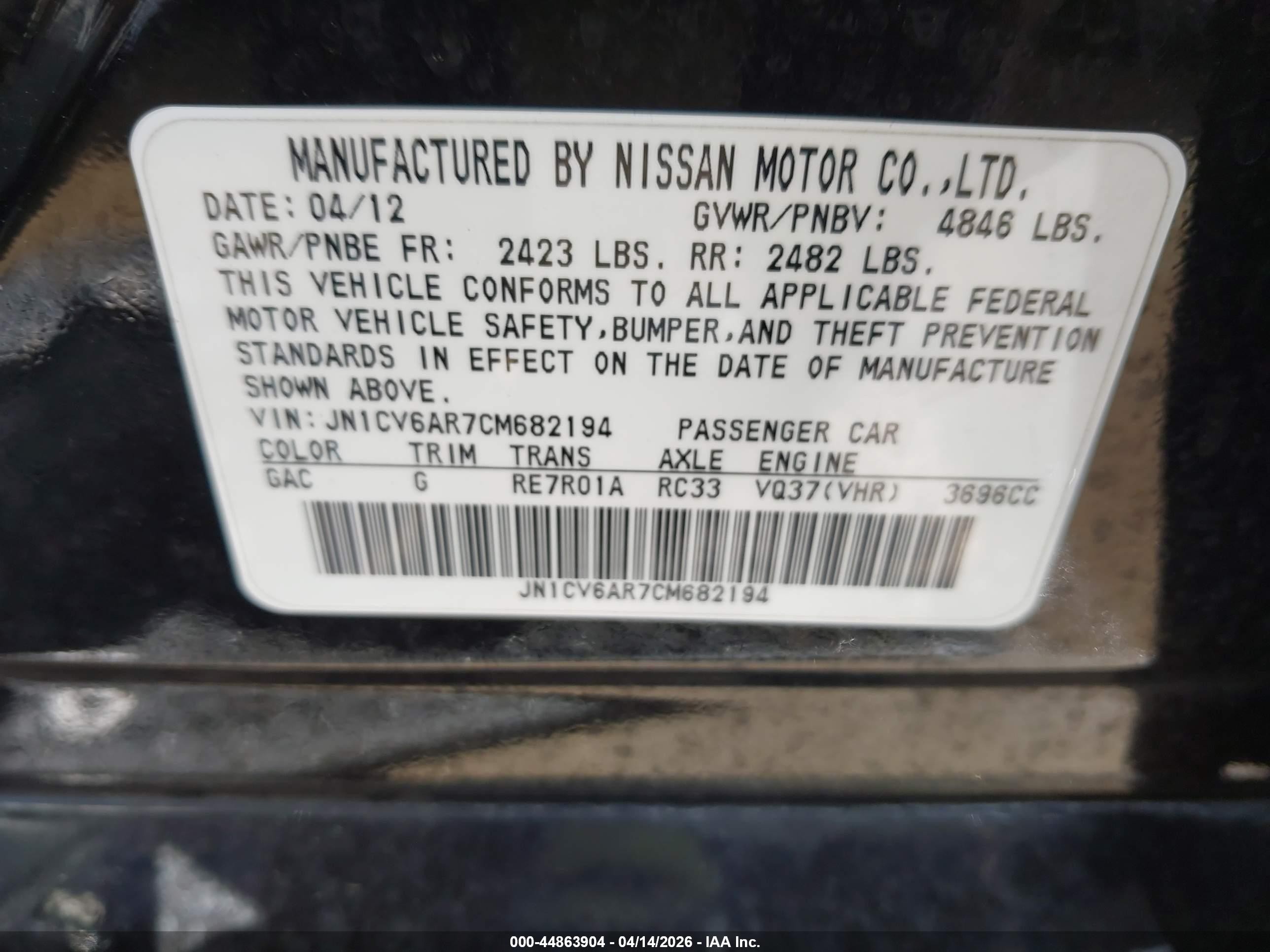 2012 Infiniti G37x   Black vin: JN1CV6AR7CM682194
