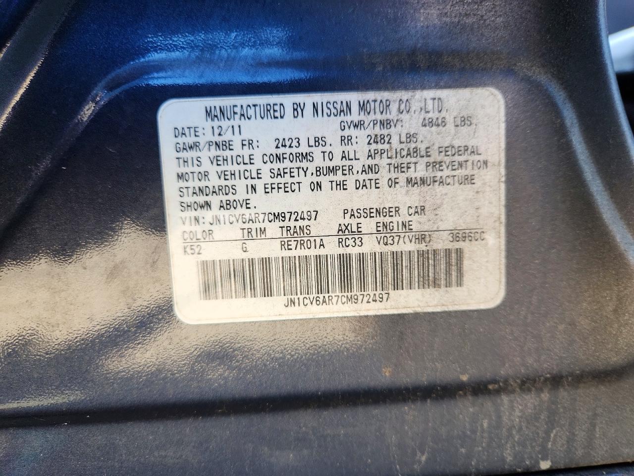 2012 Infiniti G37 Sedan X Blue vin: JN1CV6AR7CM972497
